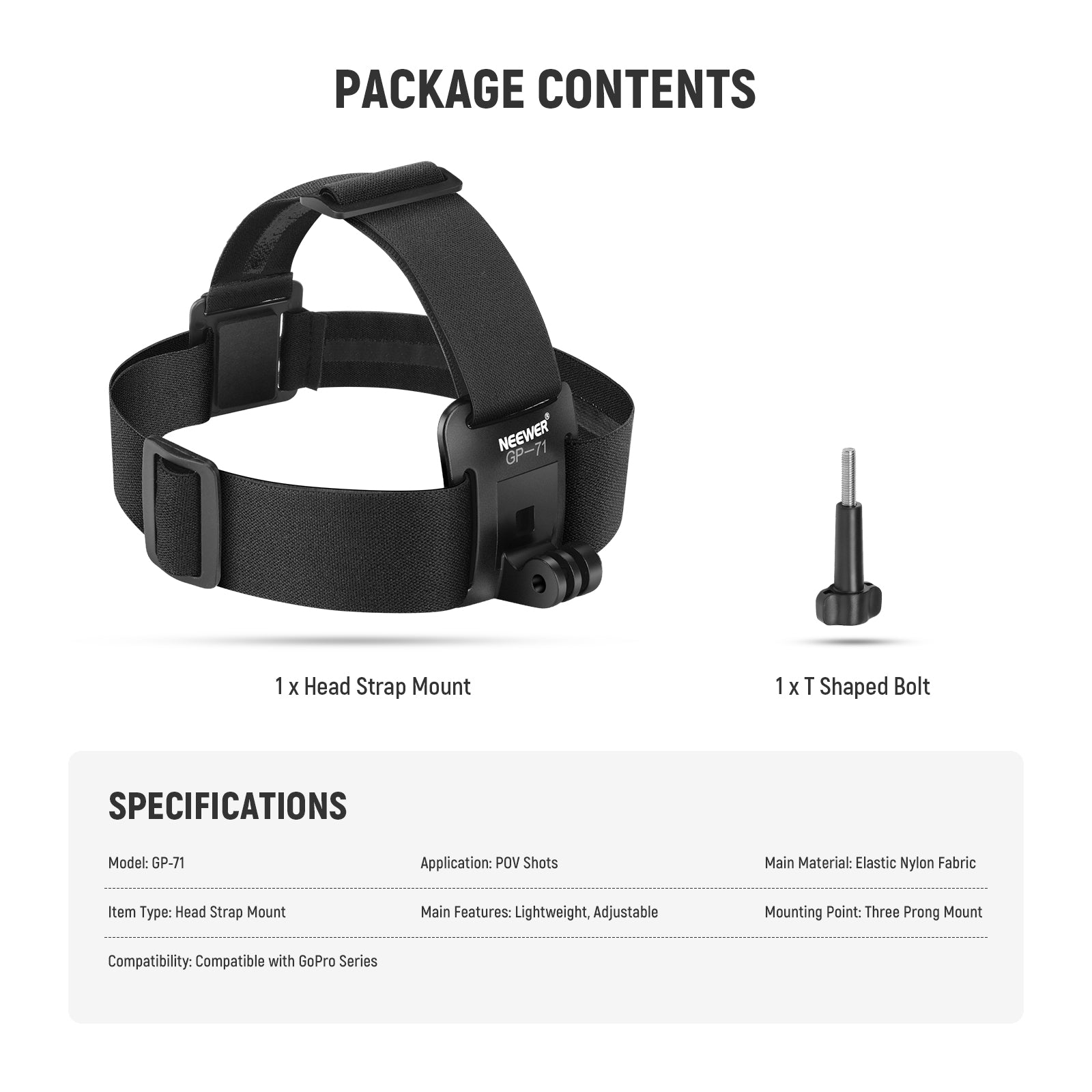 NEEWER GP-71 Adjustable Head Strap Mount for GoPro Series