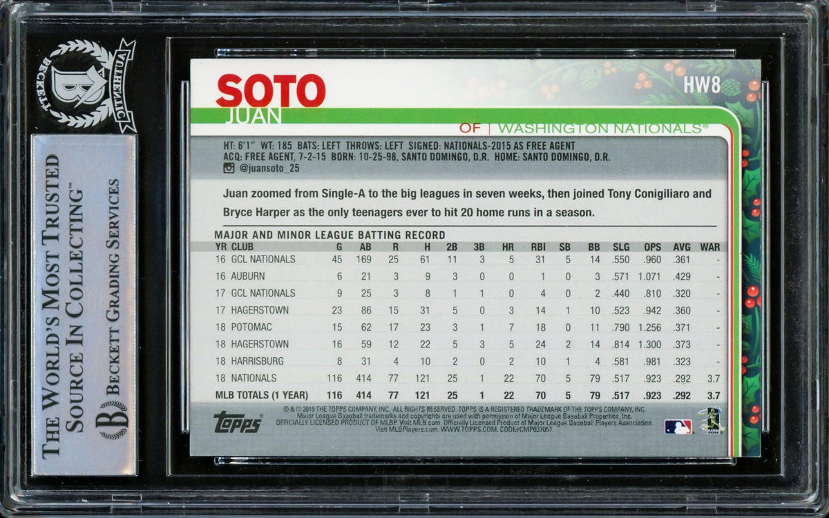 Juan Soto Autographed 2019 Topps Holiday Rookie Card #HW8 Washington Nationals Beckett BAS #14231633