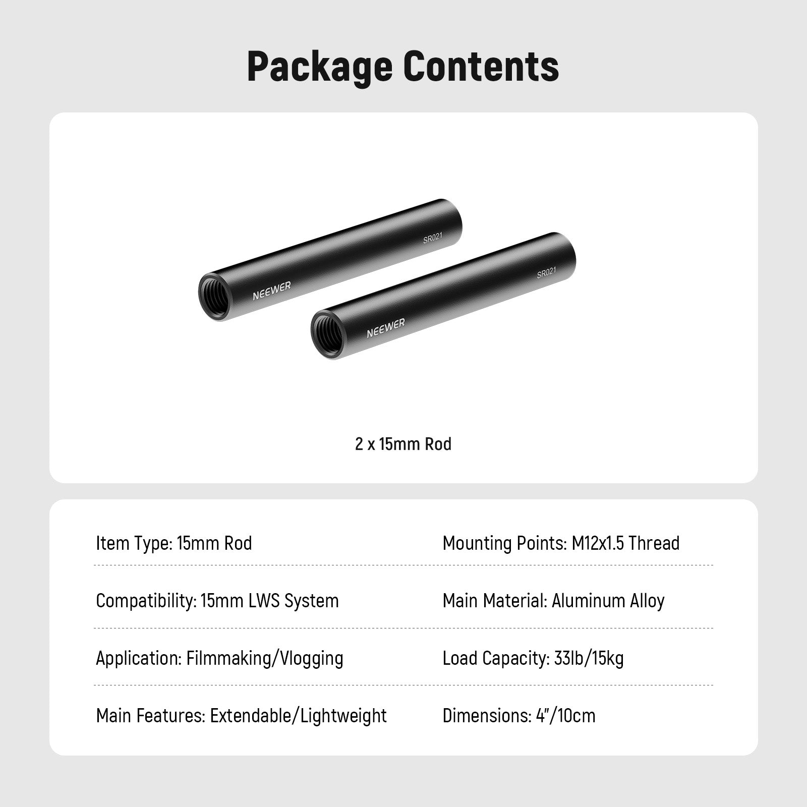NEEWER 2 Pack Aluminum Alloy Extendable 15mm Rod