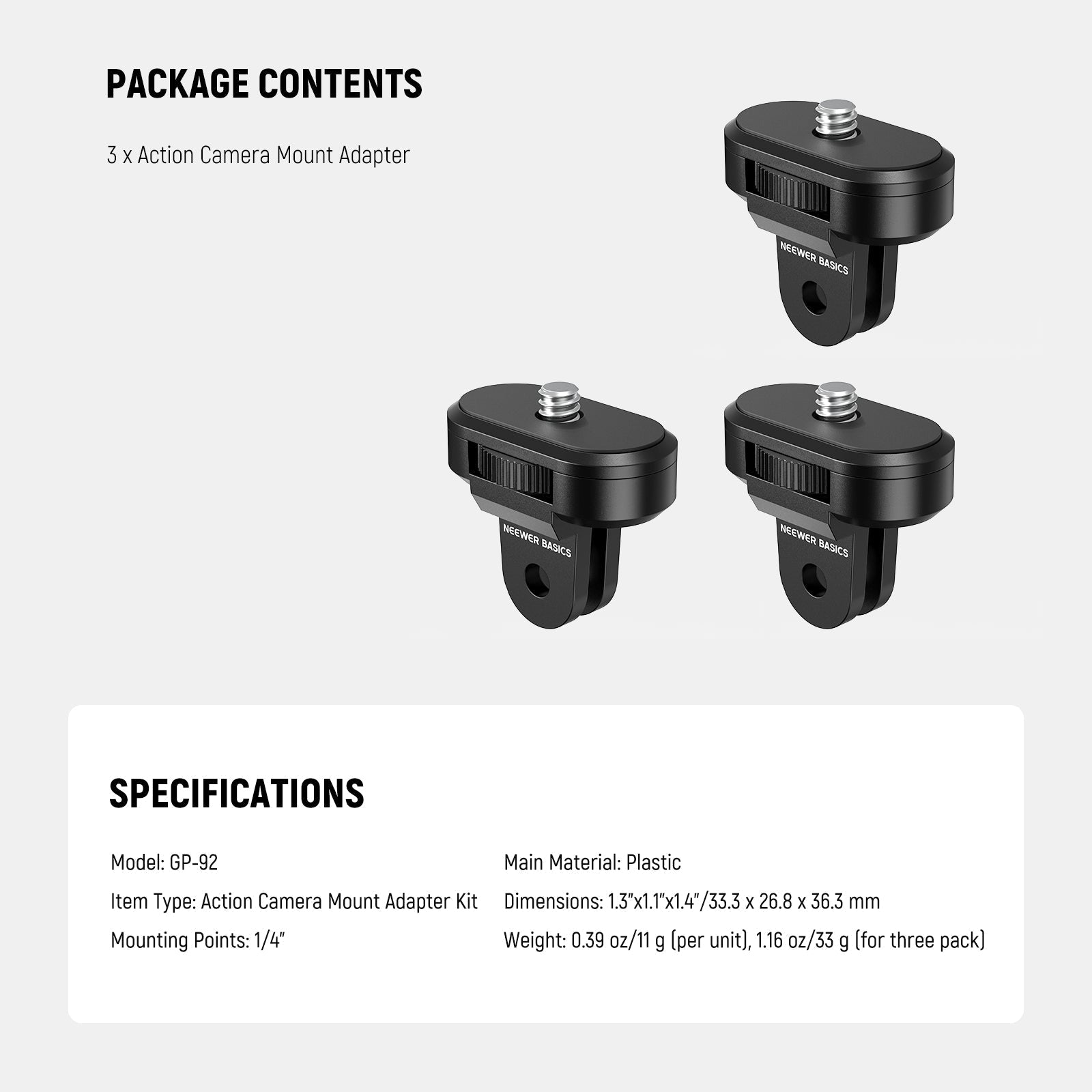 NEEWER GP-92 3 Pack 1/4" to 2 Prong Camera Tripod Mount Adapter Kit