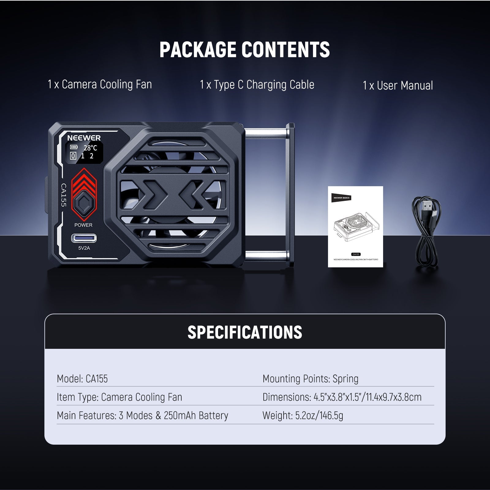 NEEWER BASICS CA155 Camera Cooling Fan with Battery