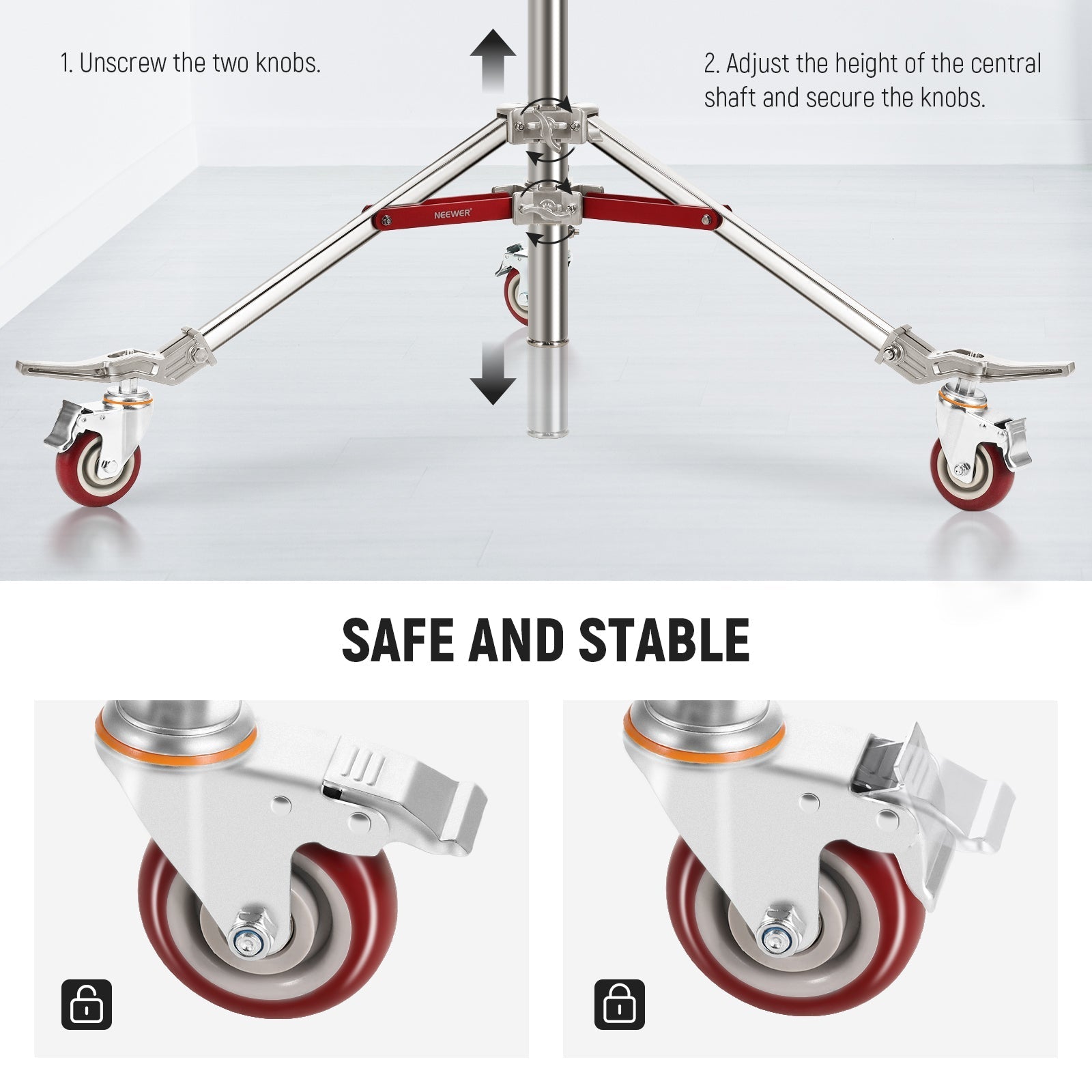 NEEWER ST240SS 240cm Heavy Duty Stainless Steel Light Stand with Casters
