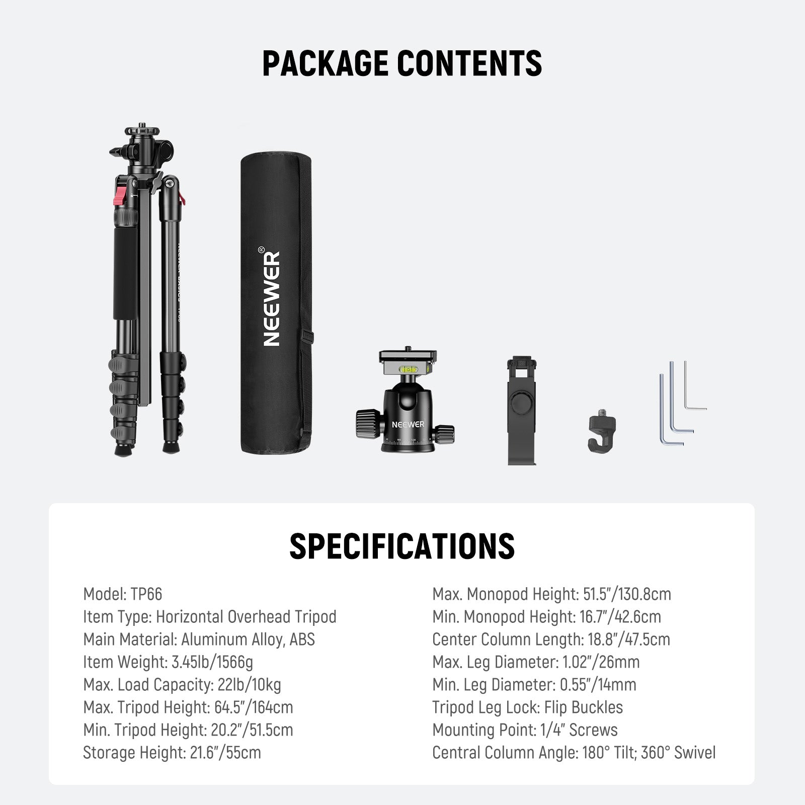 NEEWER BASICS TP66 64.5"/164cm Horizontal Overhead Tripod