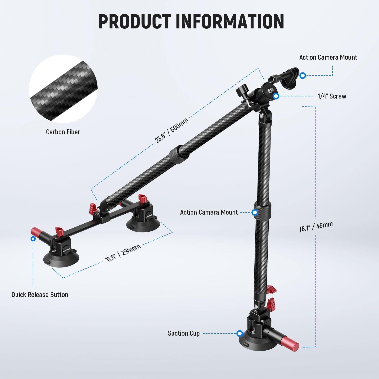 NEEWER CA136 Triple Suction Cup Extension Pole Car Mount Kit