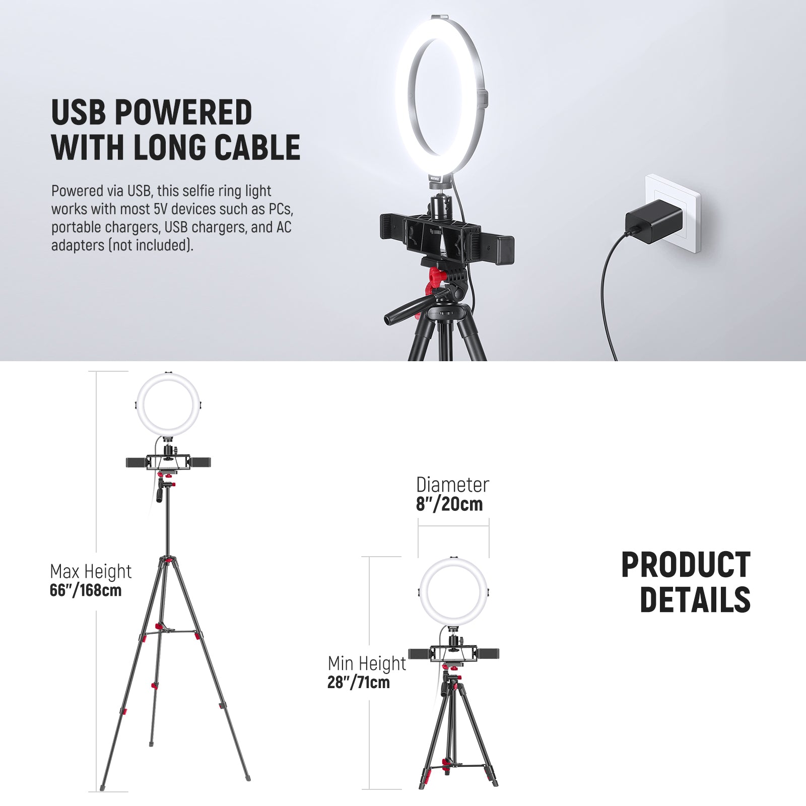 NEEWER BASICS R08 8" Selfie Ring Light with Tripod/2 Phone Holders/Remote
