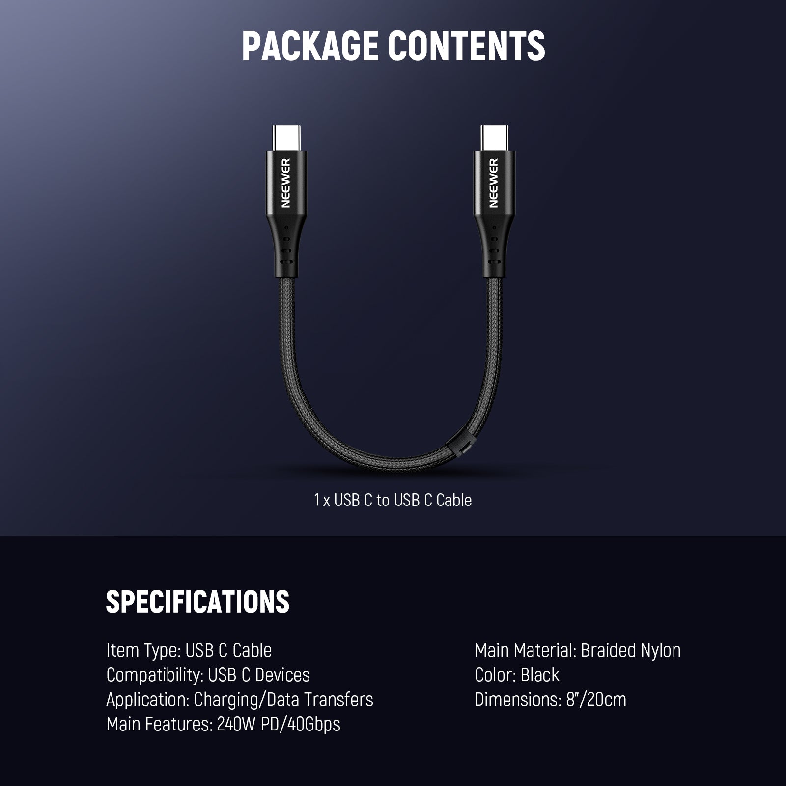 NEEWER PS009/PS010 8"/14" USB C to USB C Cable