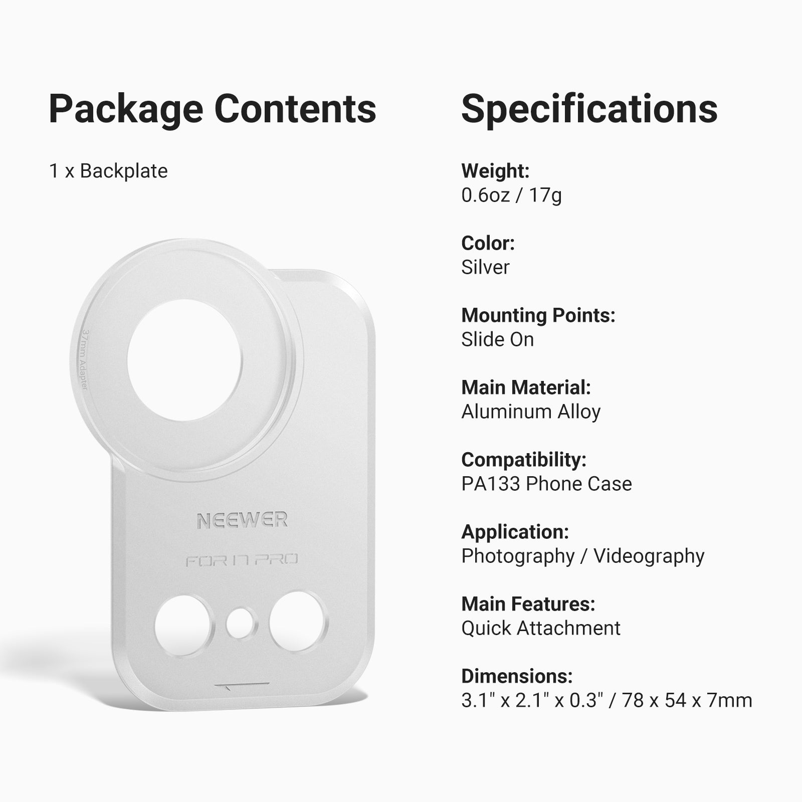 NEEWER PA173 37mm Filter Backplate for PA133/PA134 iPhone 17 Pro/17 Pro Max Case
