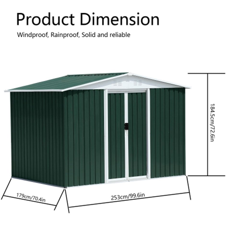 8x6FT Outdoor Metal Storage Shed | Green Galvanized Steel Garden Shed