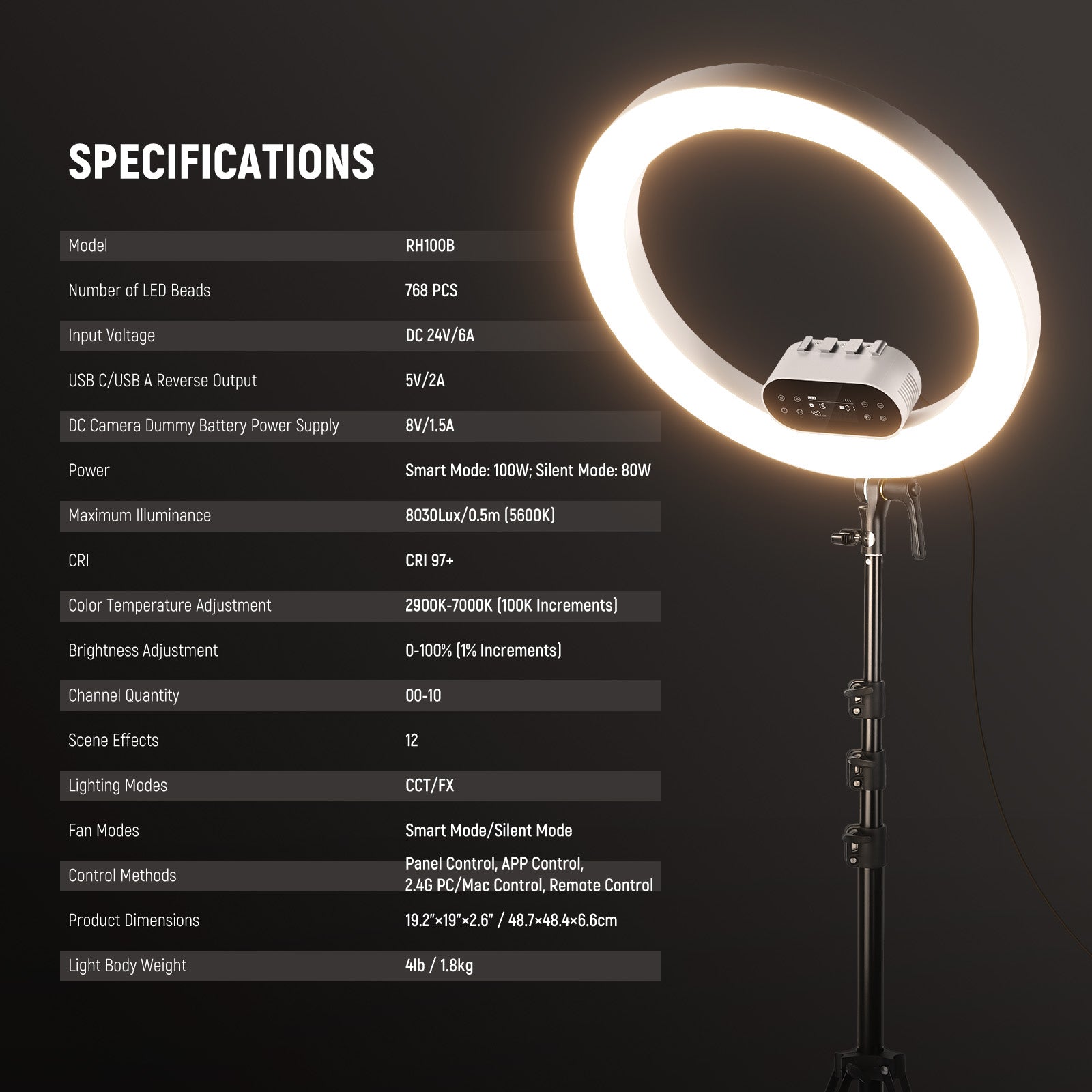 NEEWER RH100B 19" 100W High Power LED Ring Light