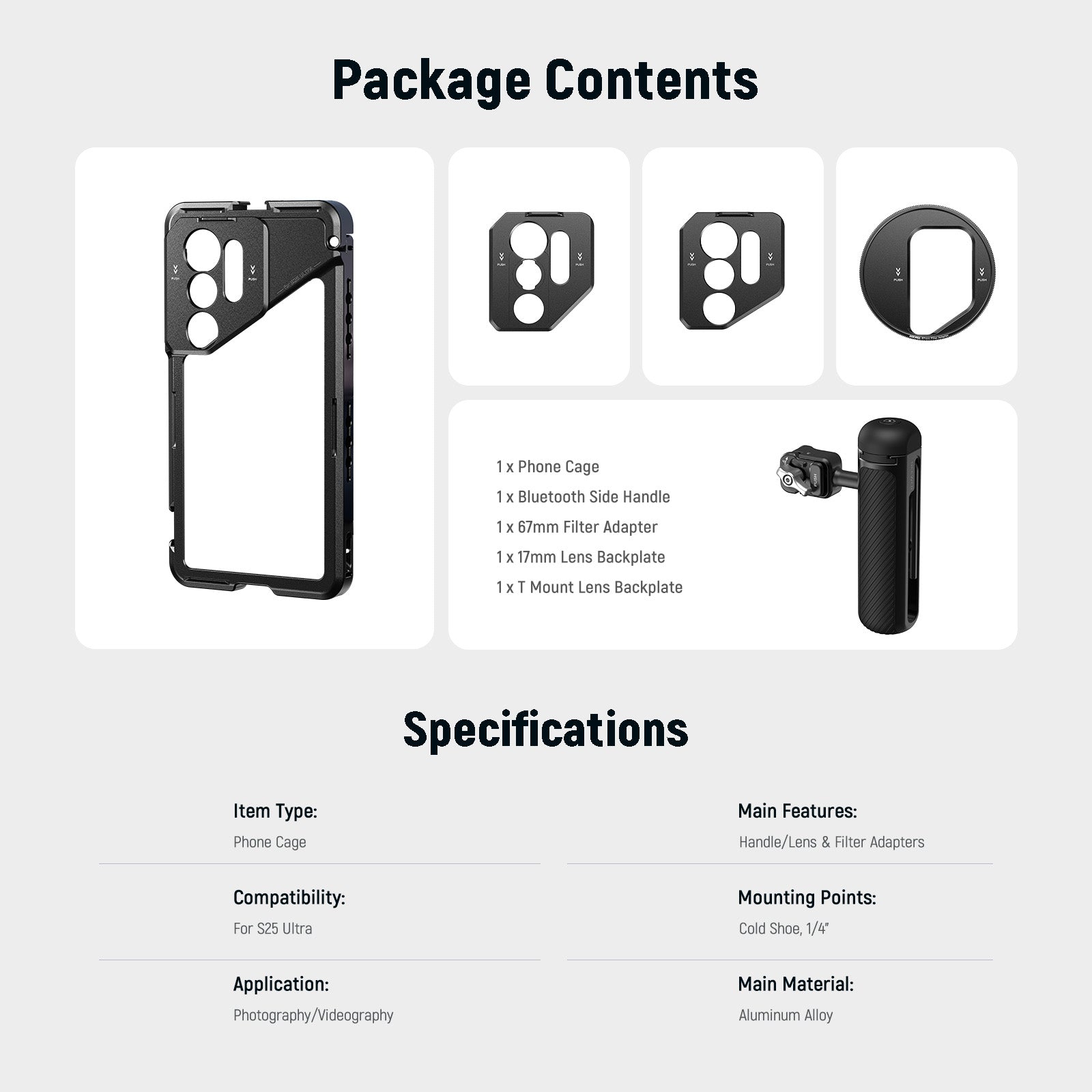 NEEWER PA082 Phone Cage For SAMSUNG S25 Ultra with 67mm Filter/17mm/T Mount Adapters