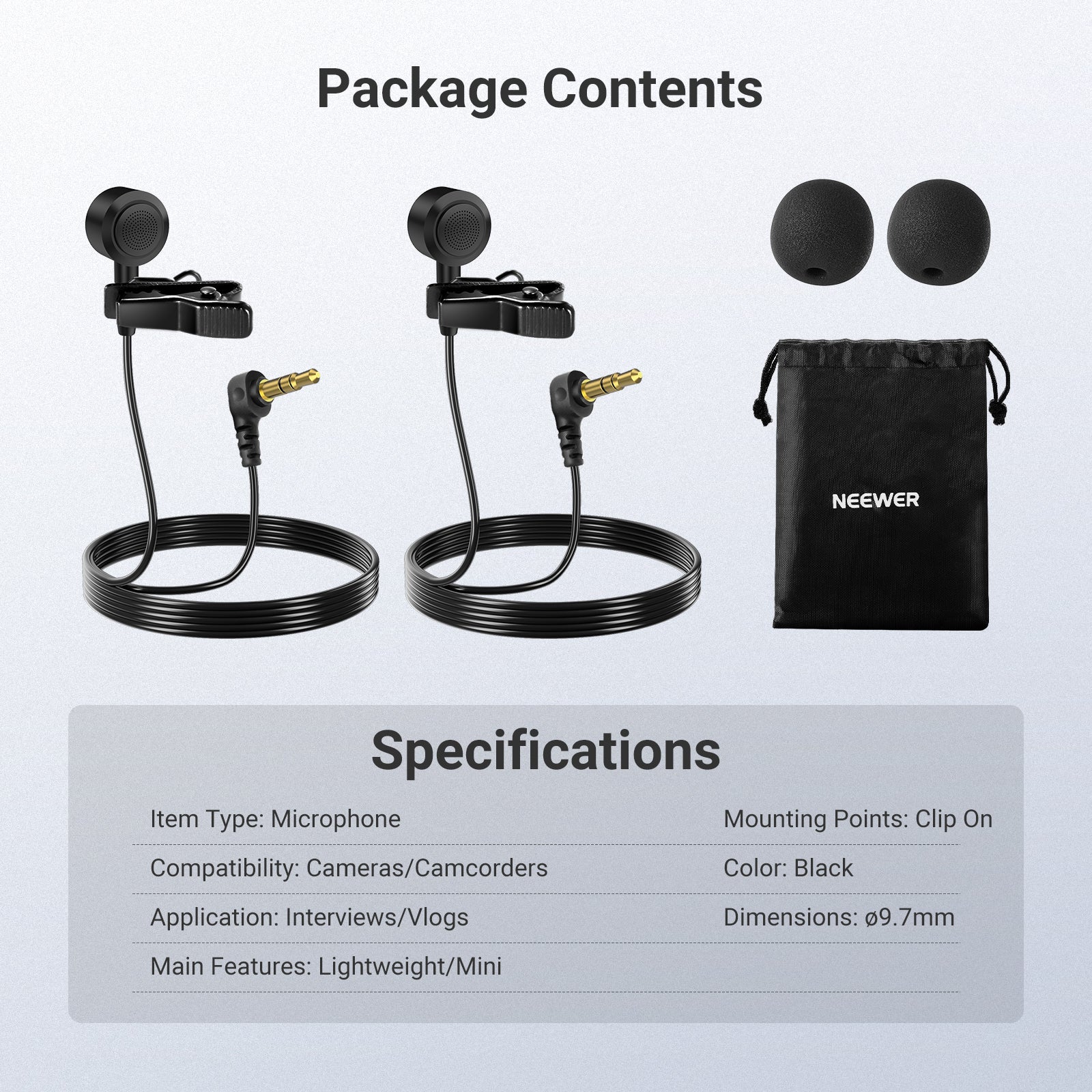 NEEWER LM10 2 Pack 3.5mm TRS ø9.7mm Lavalier Microphone
