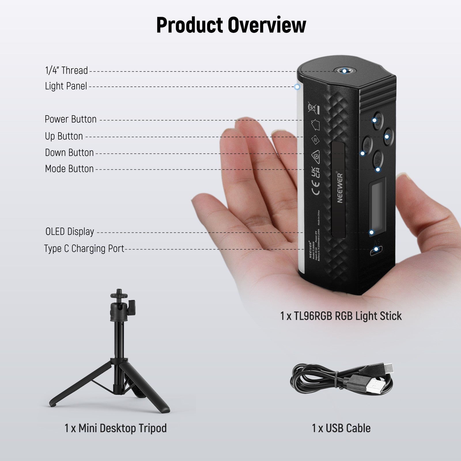 NEEWER BASICS TL96RGB Magnetic Handheld Light Wand with Desk Tripod