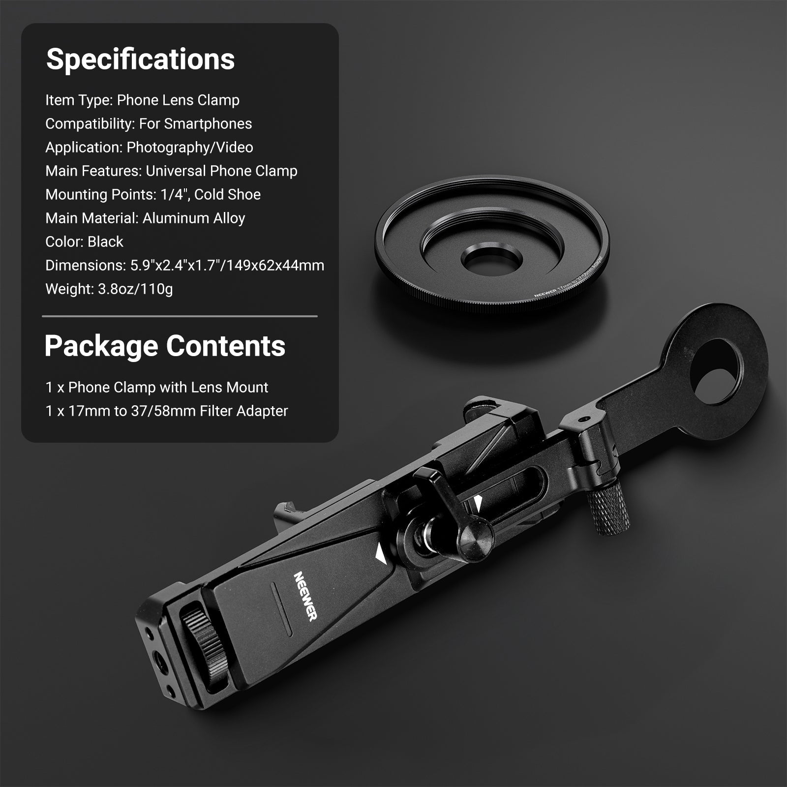 NEEWER PA047 PRO Universal Phone Holder with Lens Adapter & Filter Ring