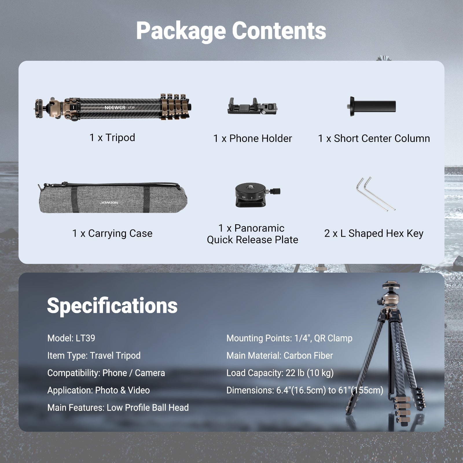 NEEWER LT39 62.4" Carbon Fiber Travel Tripod