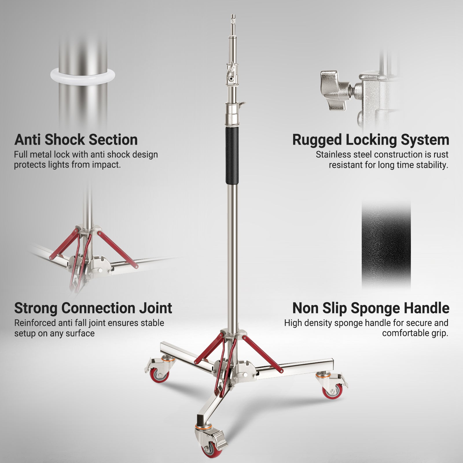 NEEWER BASICS SC305B 305cm Heavy Duty Stainless Steel Wheeled Light Stand