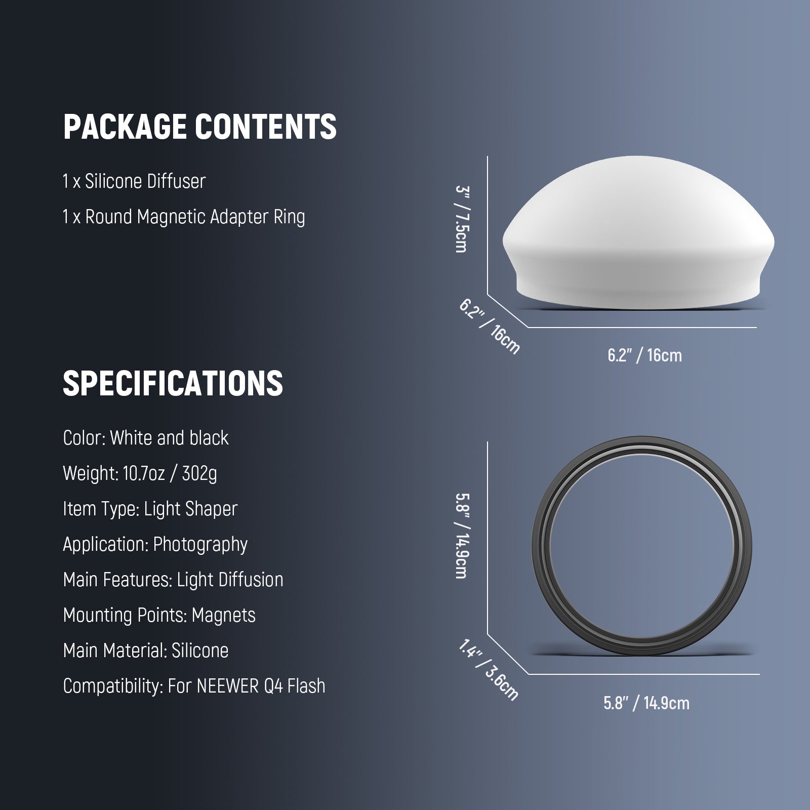 NEEWER CRS10 Silicone Diffuser with Magnetic Adapter Ring for Q4/Q6/Q4PRO
