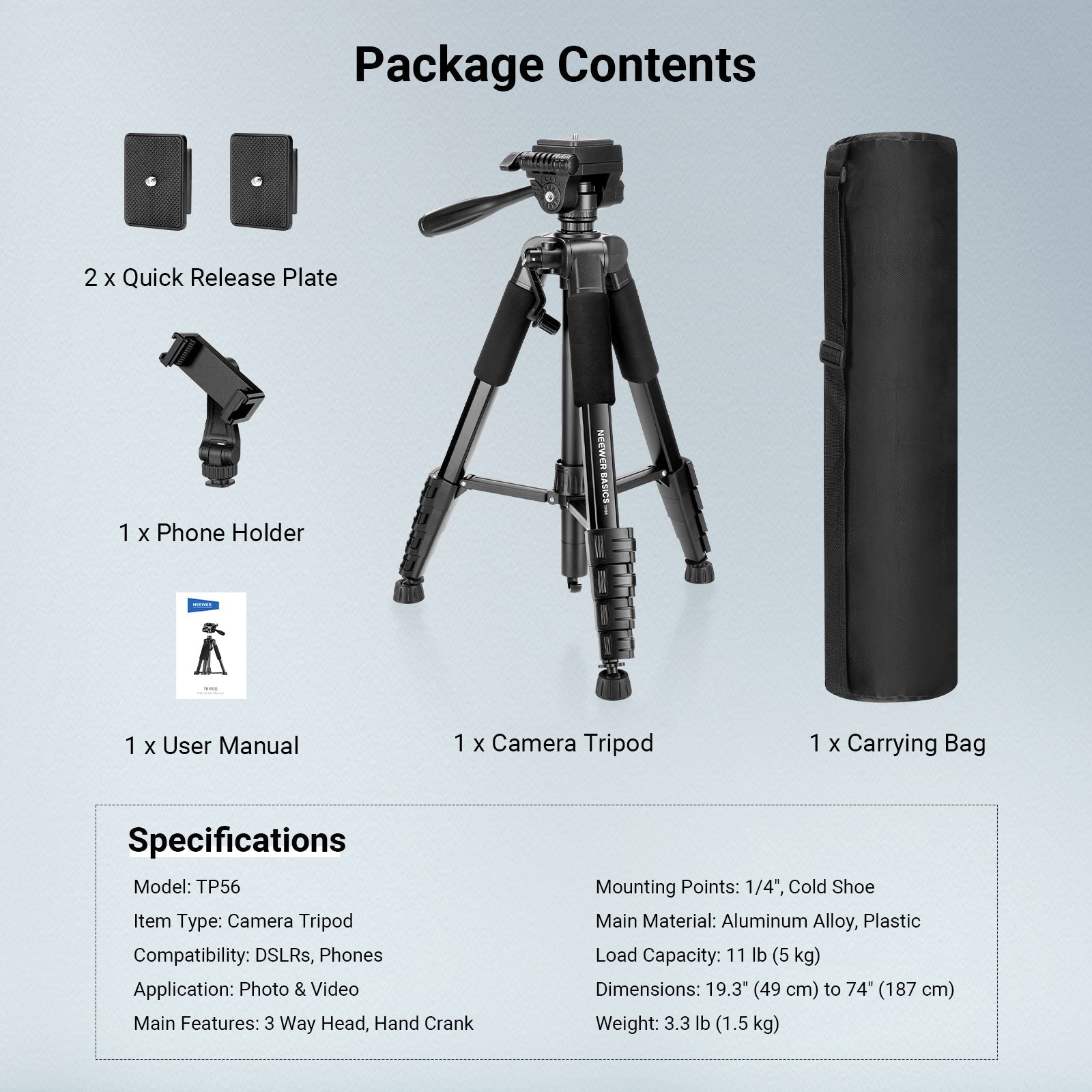 NEEWER BASICS TP56 74" Camera Tripod