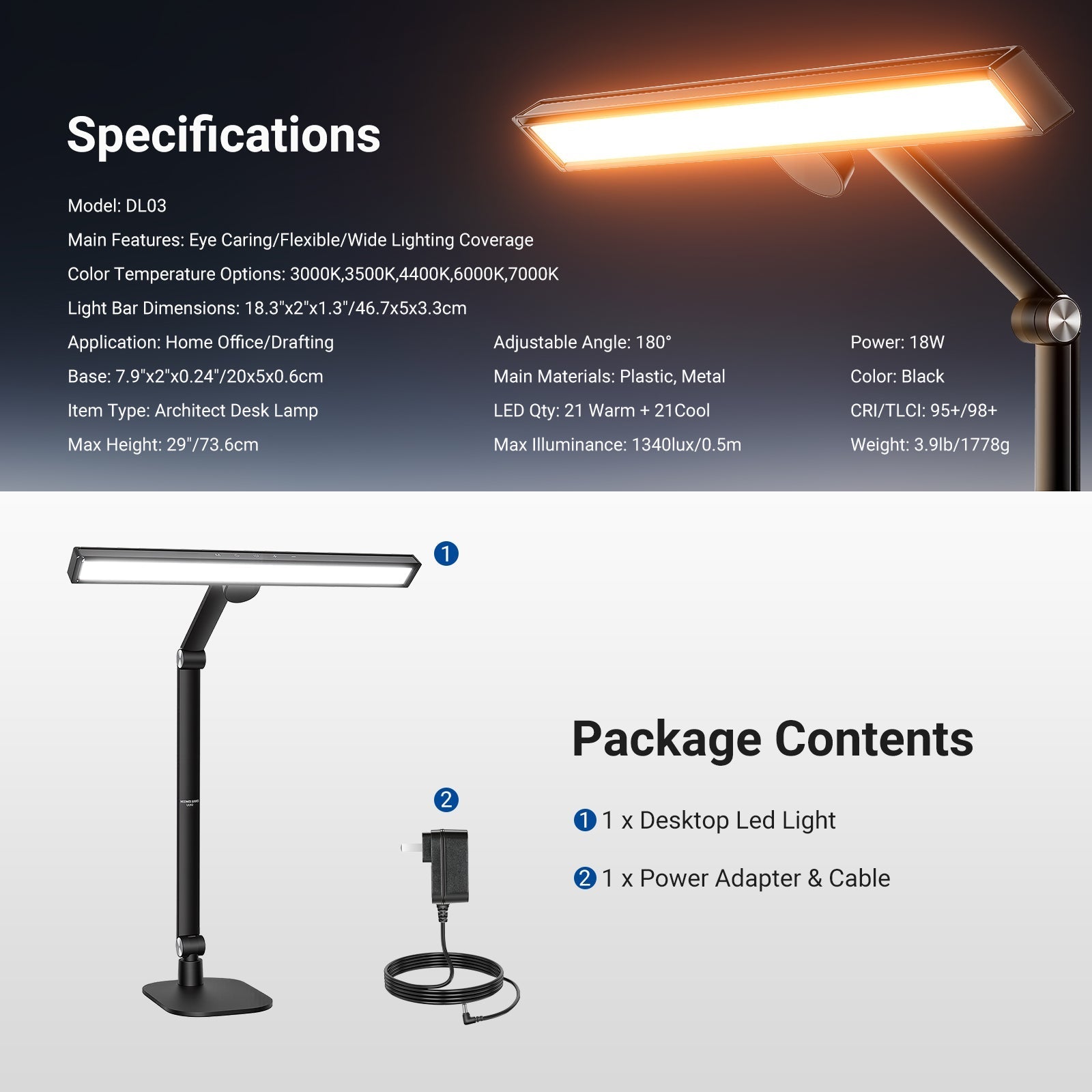 NEEWER BASICS DL03 18" LED Architect Desk Lamp with Base
