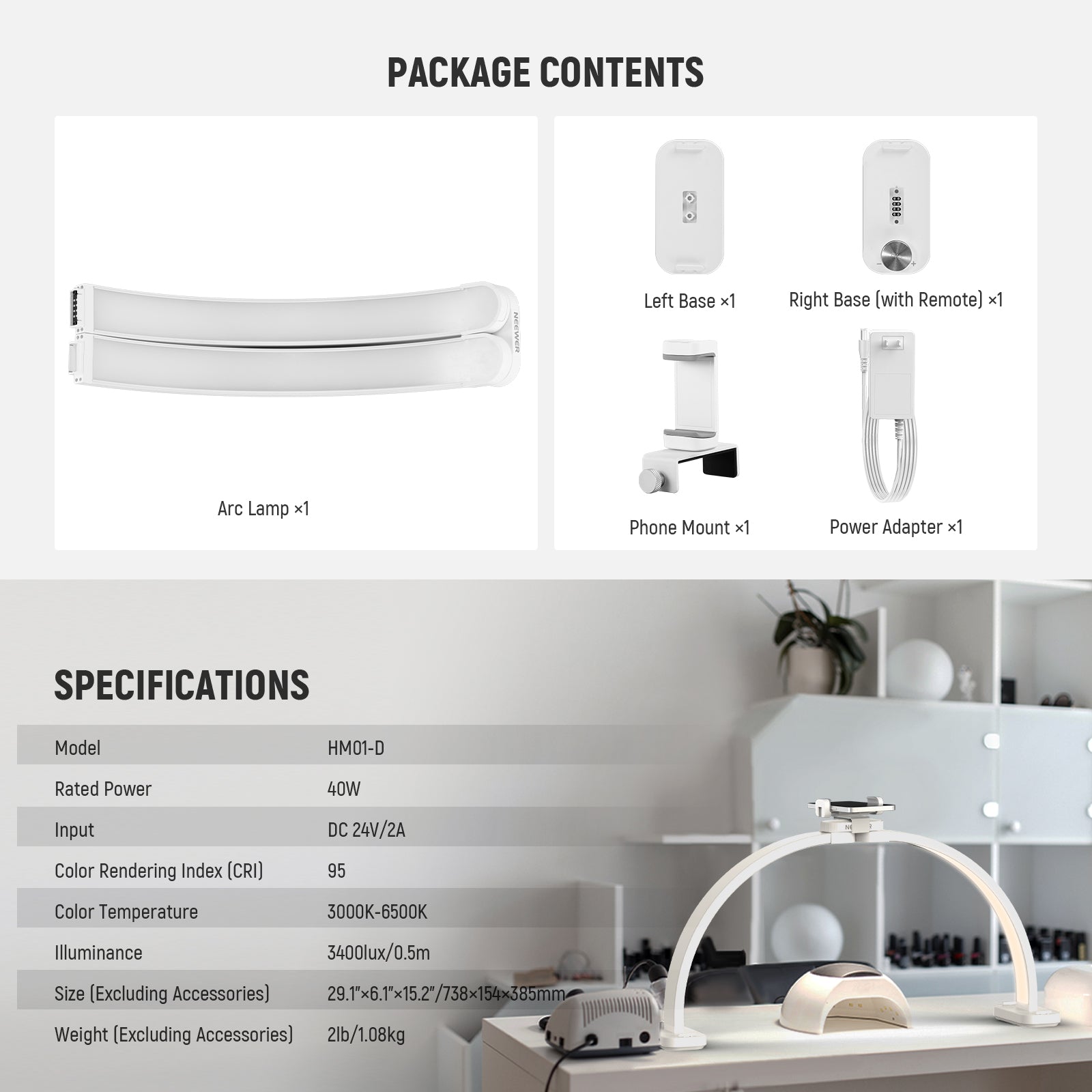 NEEWER BASICS HM01-D 29" 40W Foldable LED Nail Tech Arc Lamp