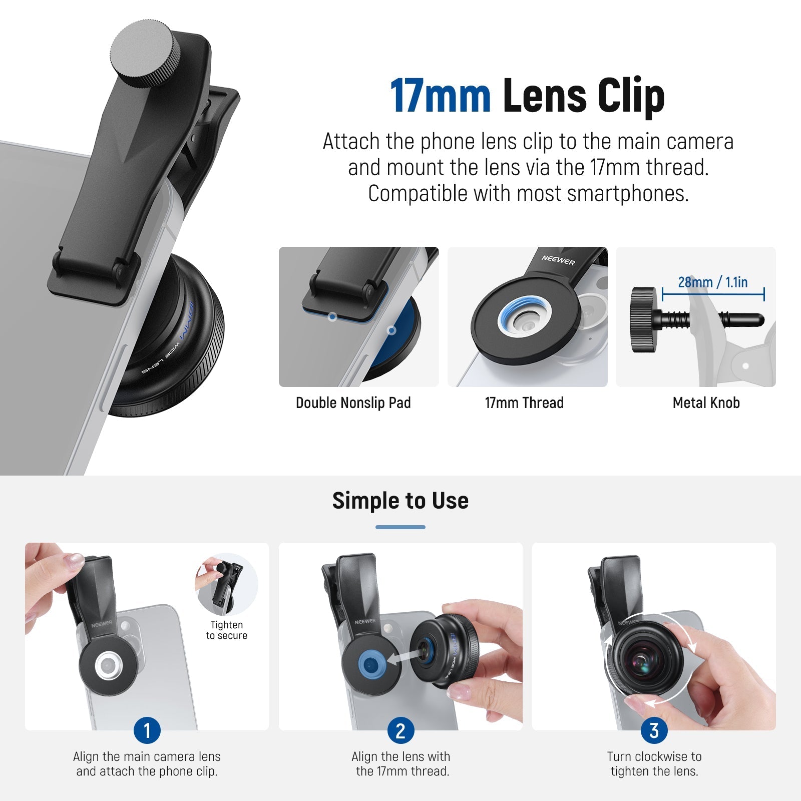 NEEWER LS-72 100° FOV 18mm Wide Angle Lens with 17mm Threaded Clip