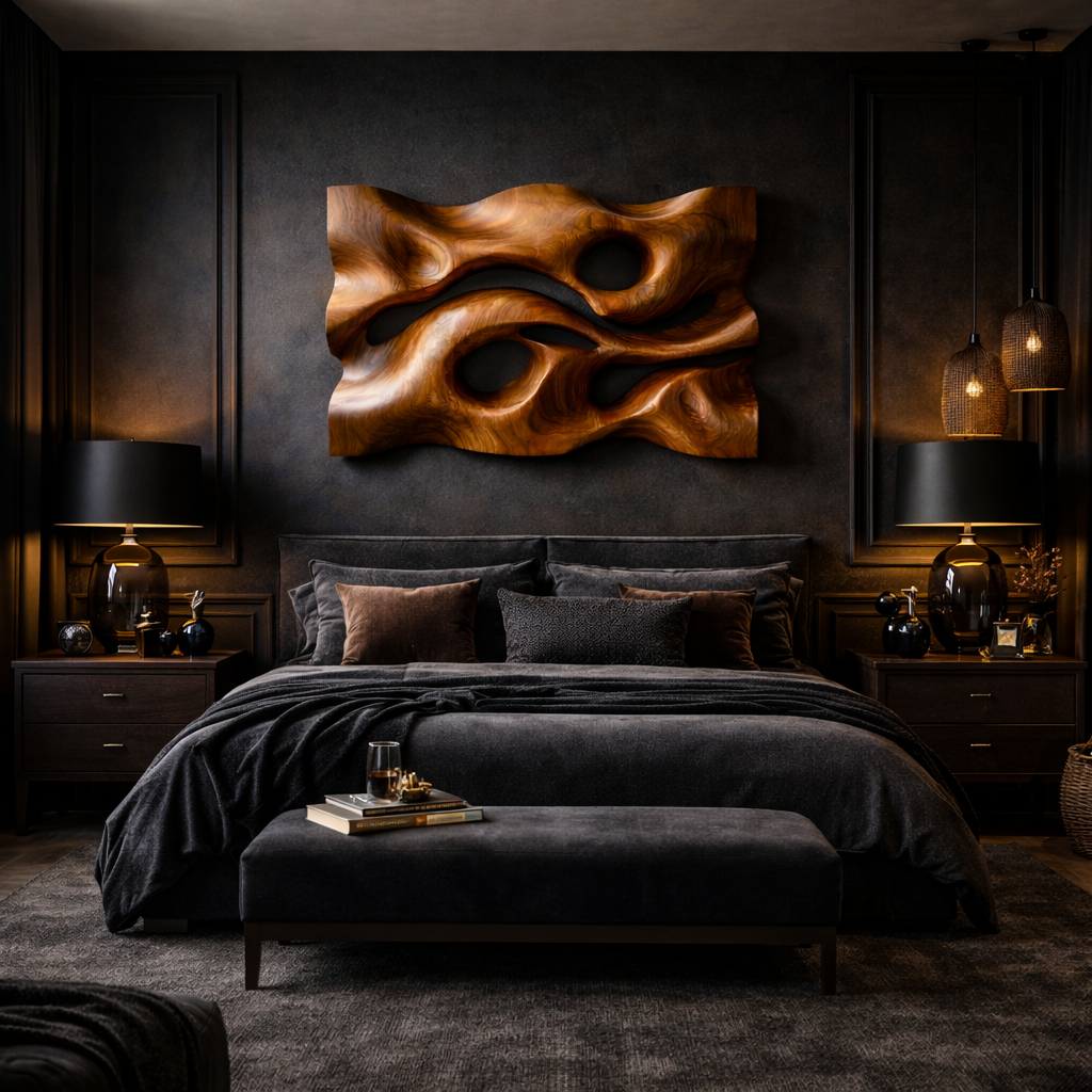 Sculpted Wave Solid Wood Wall Art Headboard Artistic Interior Accent
