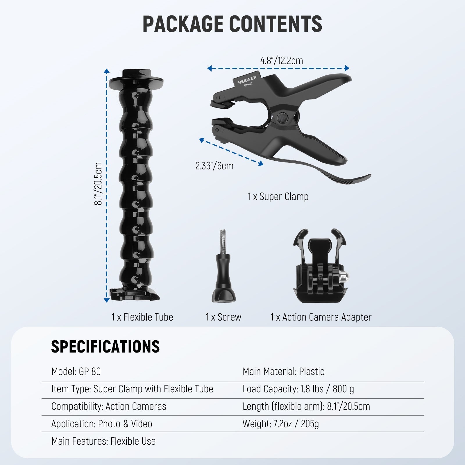 NEEWER GP-80 Flexible Clamp Mount For Action Cameras