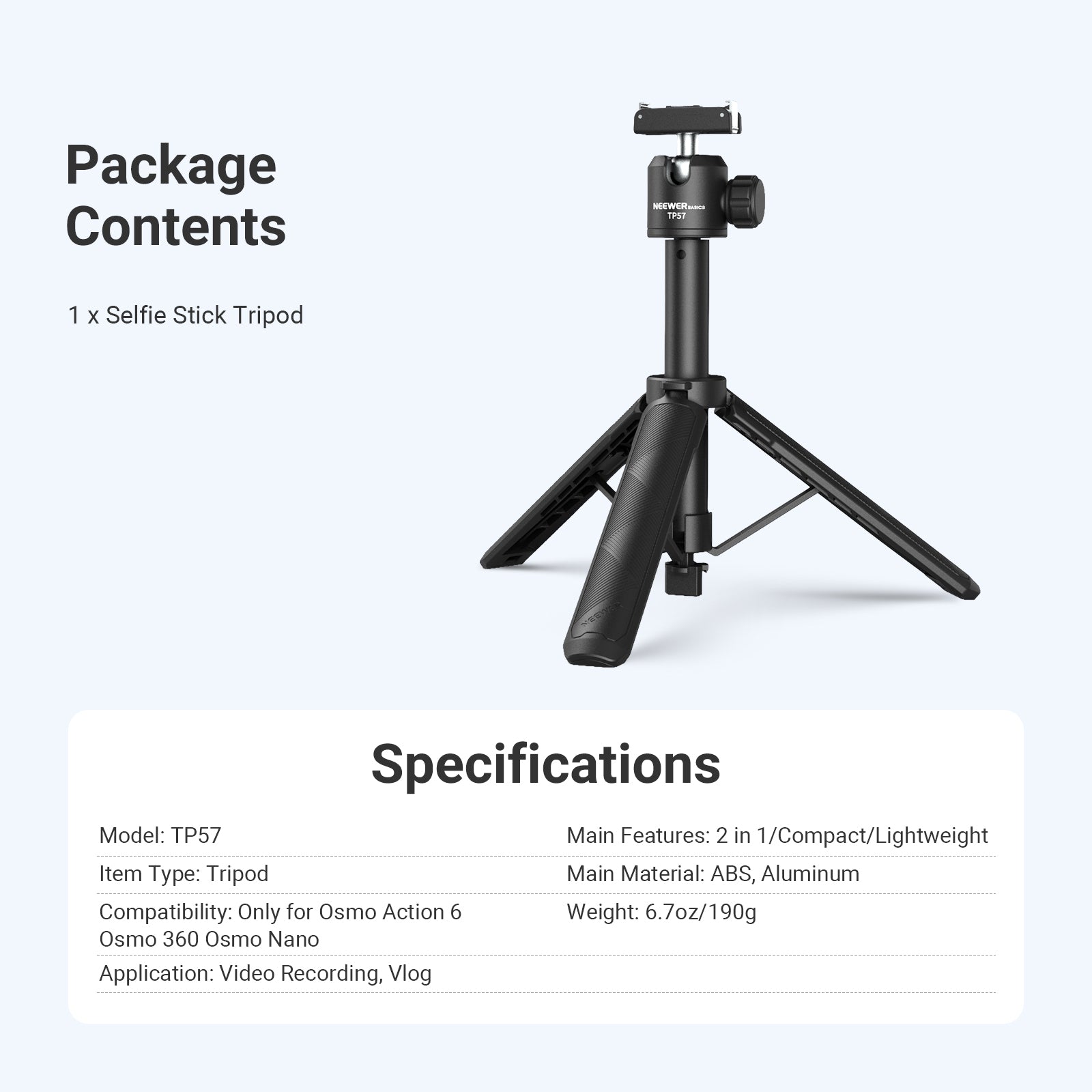 NEEWER BASICS TP57 Selfie Stick Tripod for DJI Osmo Action 6/360/Nano
