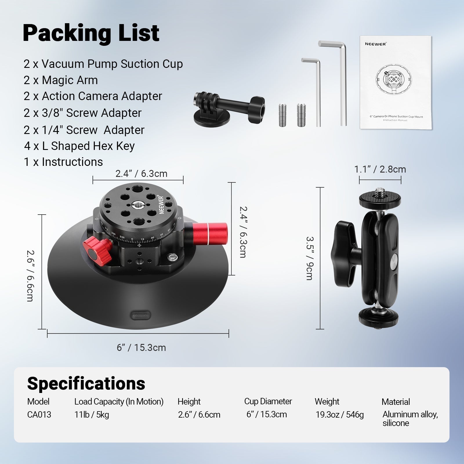 NEEWER CA013 6" Camera Suction Mount with Ball Head Magic Arm