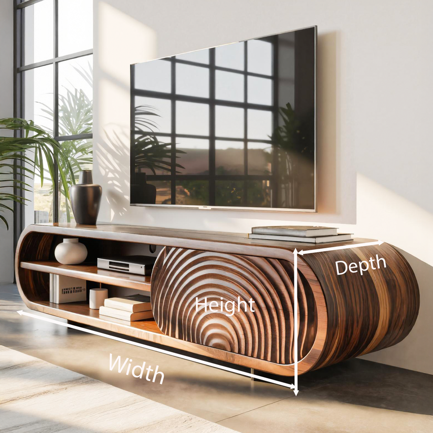 Modern Rounded Wood TV Stand With Sculpted Doors For Living Room