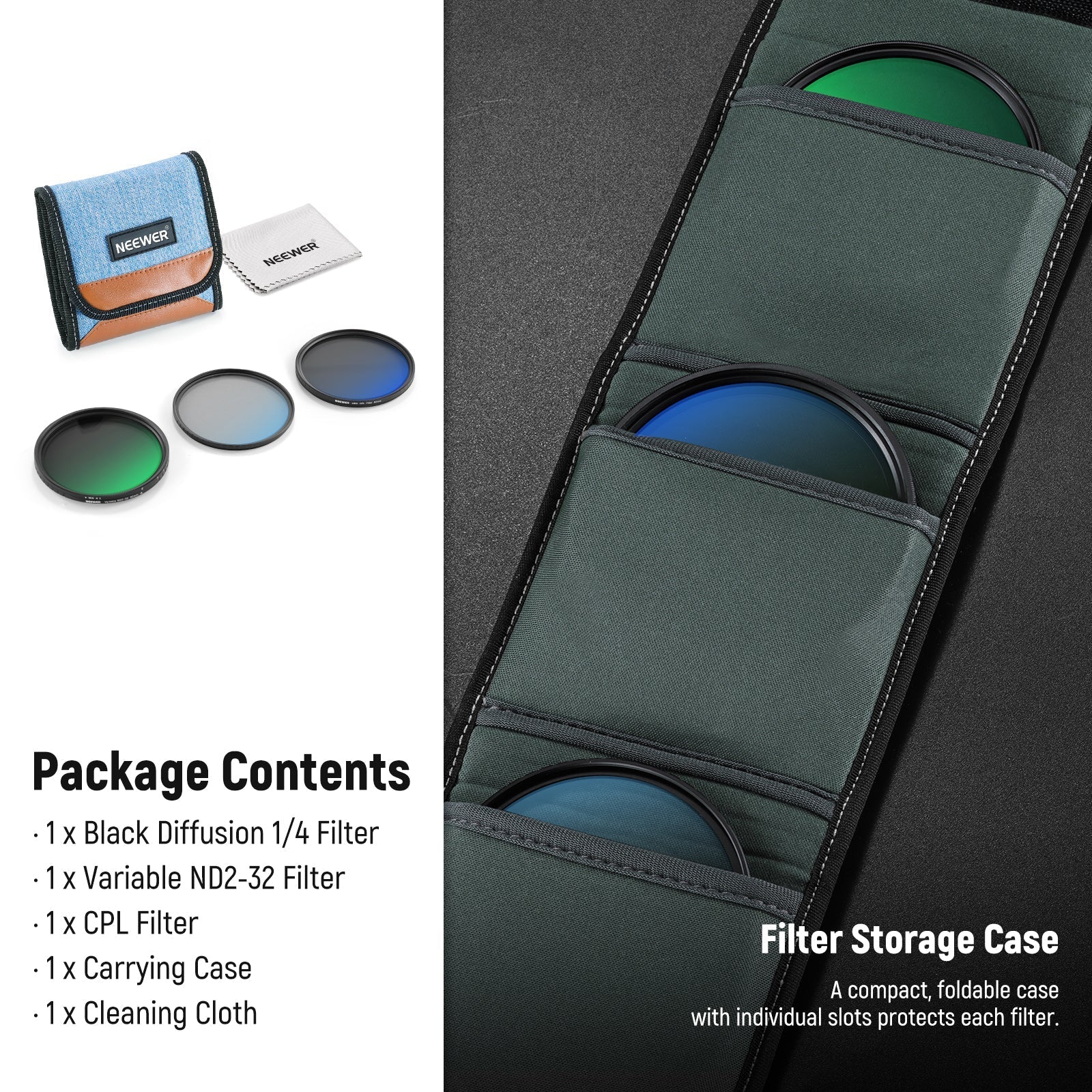 NEEWER Variable ND2-32 + CPL + 1/4 Black Diffusion Filter Kit