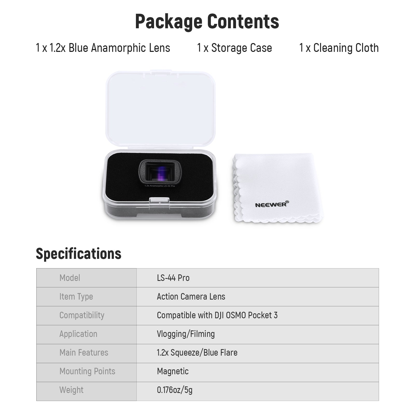 NEEWER LS-44 Pro 1.2X Blue Anamorphic Lens For DJI Osmo Pocket 3 / Pocket 4 & Xtra Muse