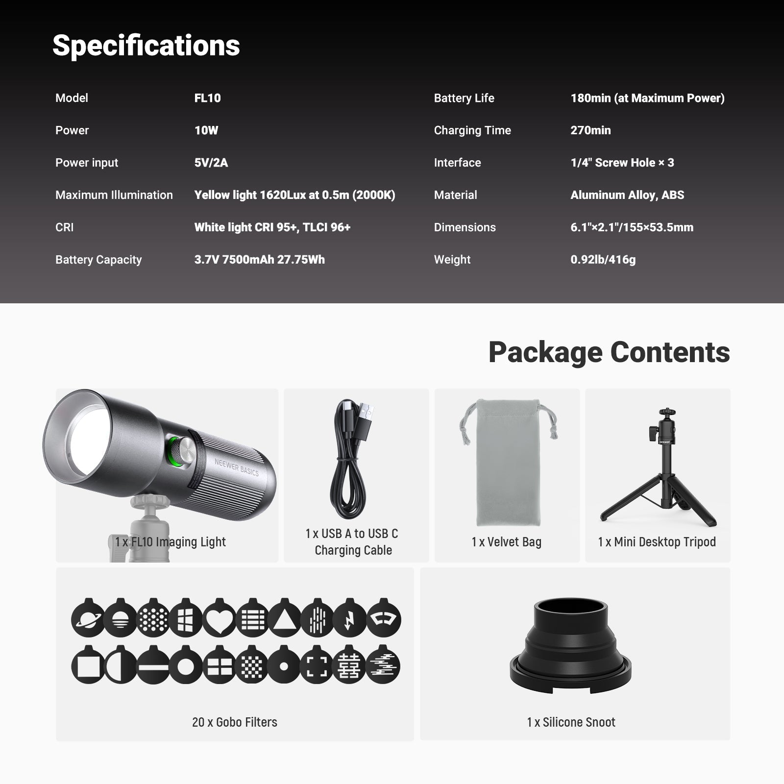 NEEWER BASICS FL10 Portable Photography Flashlight Kit