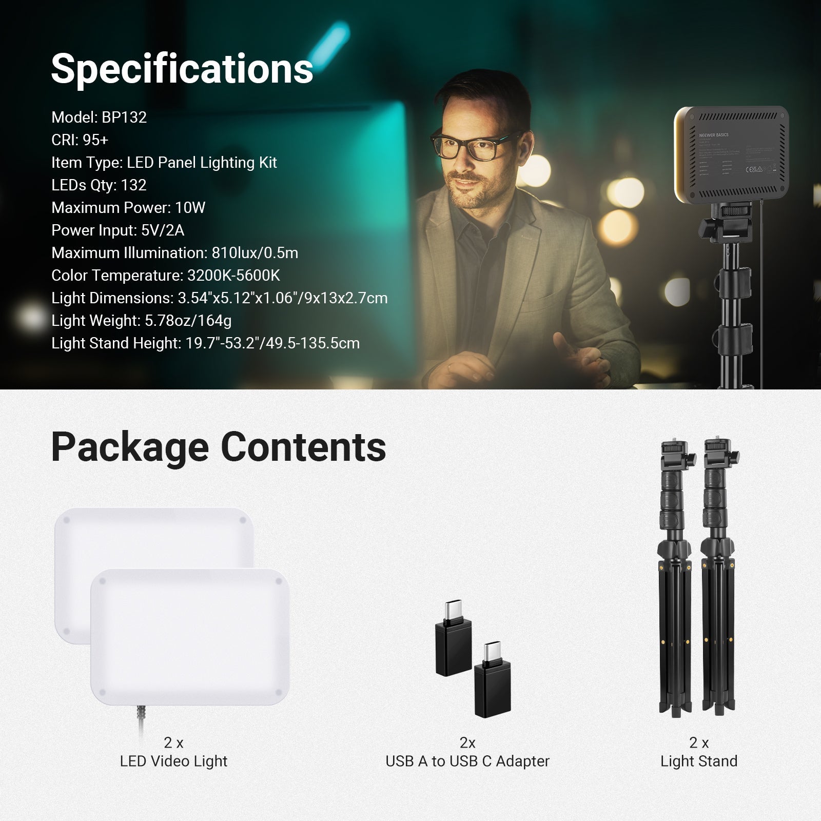 NEEWER BASICS BP132 2 Pack LED Video Light Panel Lighting Kit