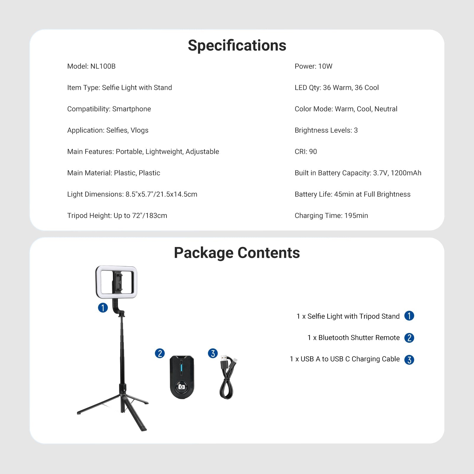 NEEWER BASICS NL100B 10W Selfie Light with Tripod Stand