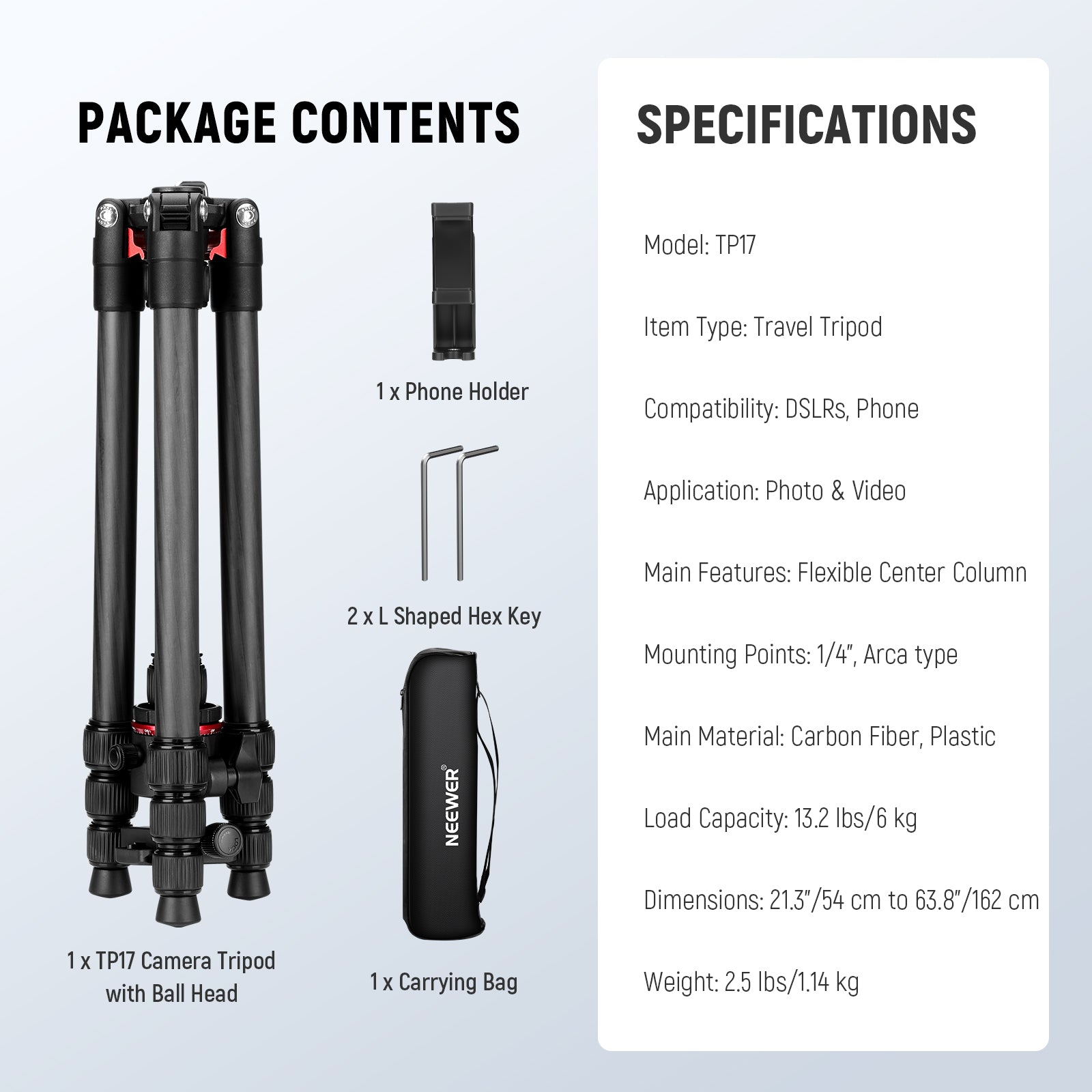 NEEWER BASICS TP17 Carbon Fiber Travel Tripod