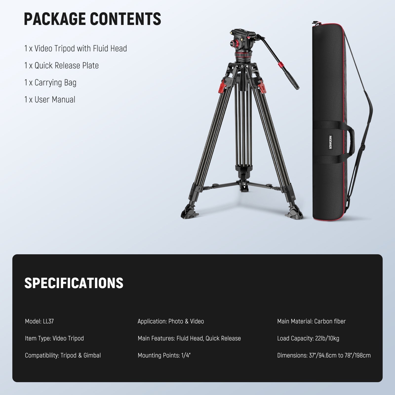 NEEWER LL37 78" Carbon Fiber Video Tripod