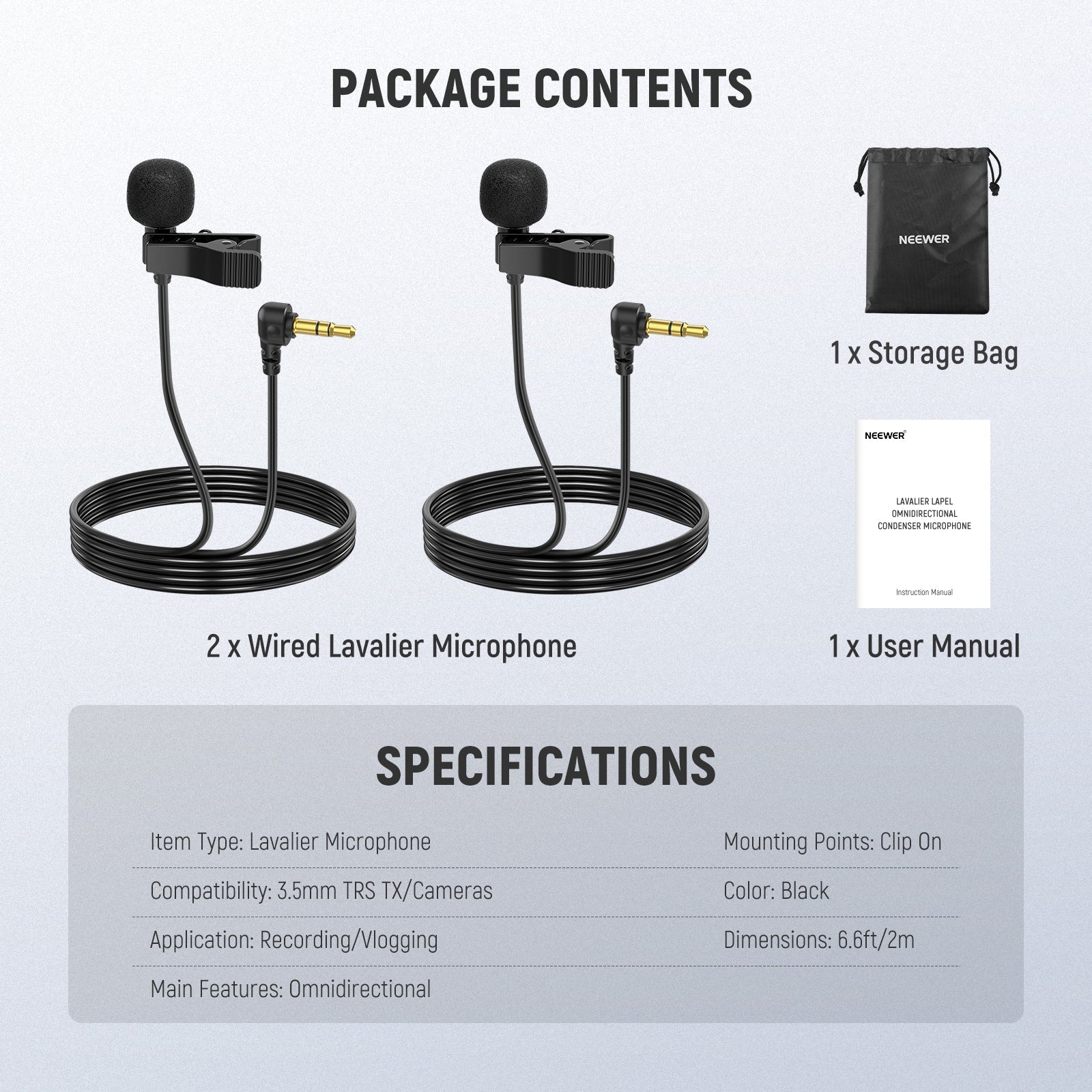 NEEWER LM5 2 Pack 6.6ft/2m 3.5mm TRS Mini Clip On Wired Lavalier Microphone