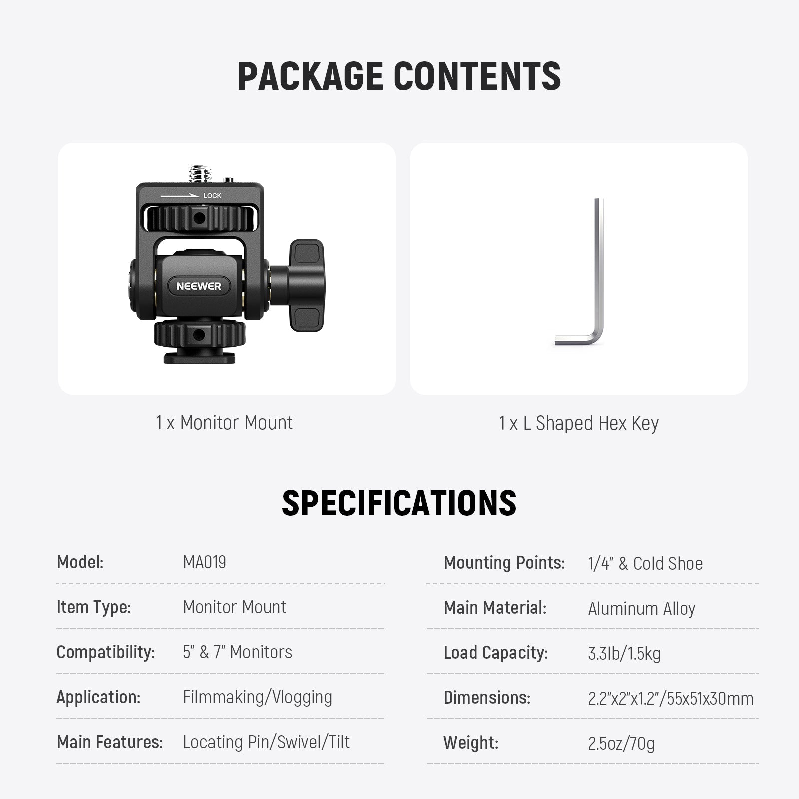 NEEWER MA019 Camera Monitor Mount with Cold Shoe 360° Swivel 180° Tilt