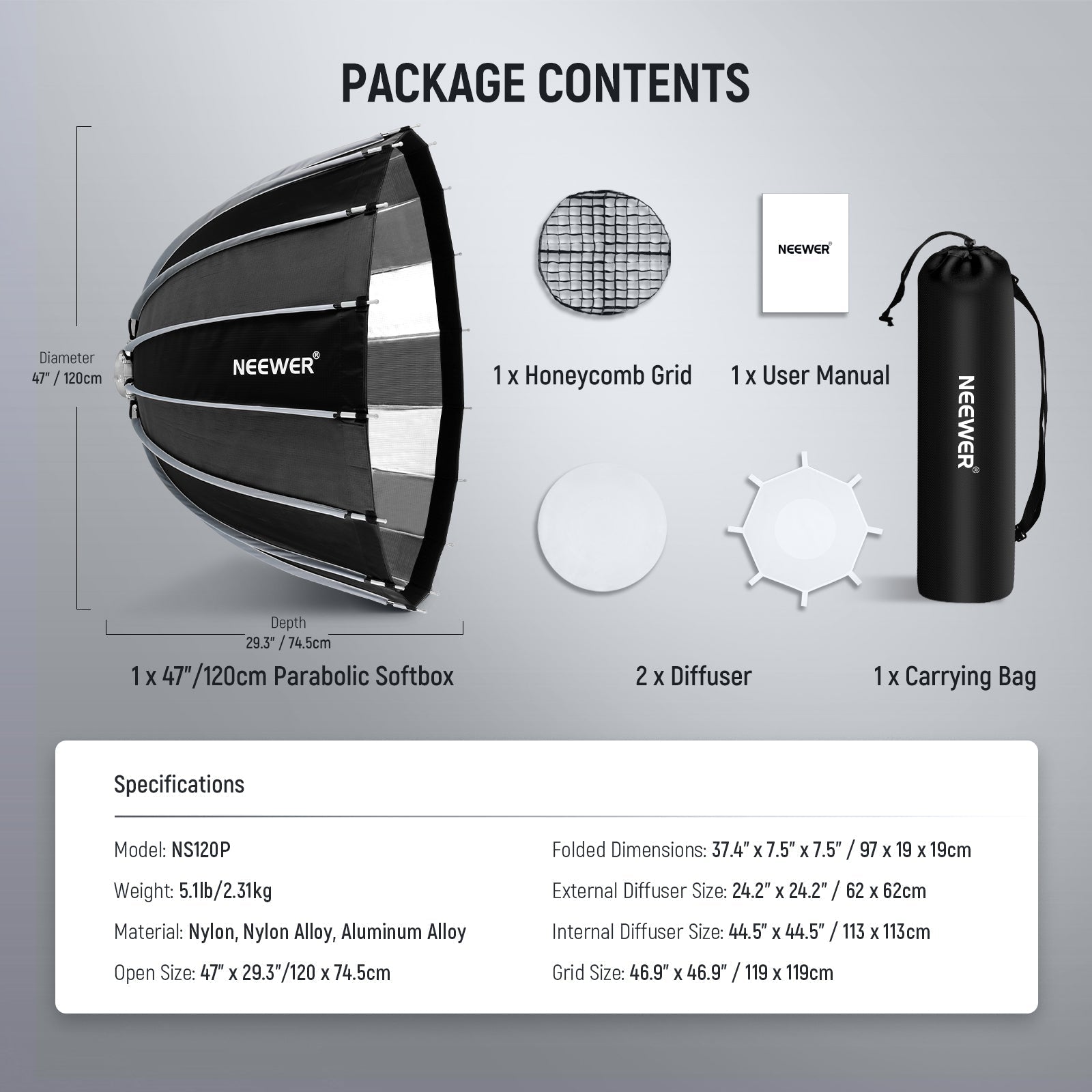 NEEWER NS55P/NS70P/NS90P/NS120P Parabolic Softbox