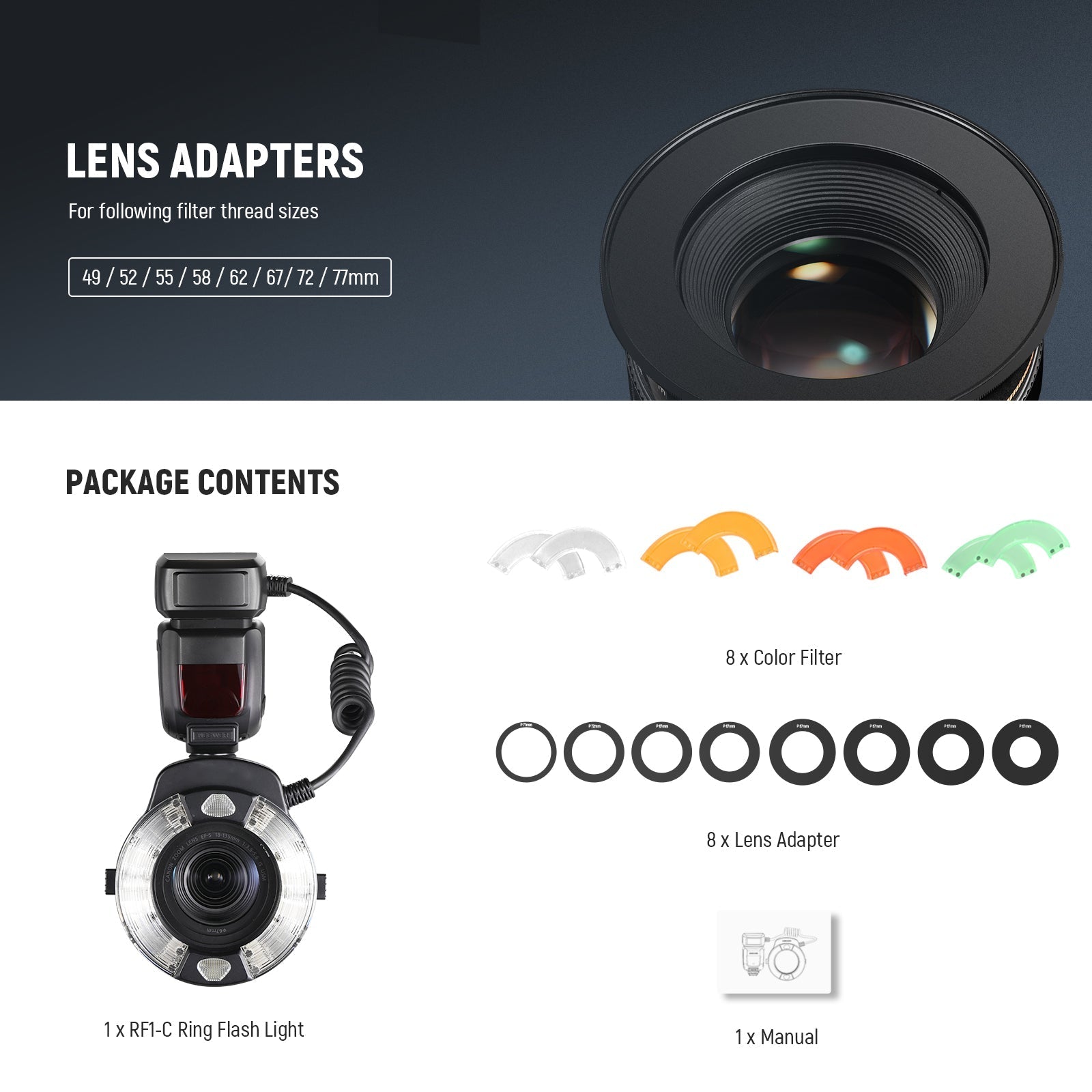 NEEWER RF1-C/N/S 76Ws 5600K GN15 TTL Macro Ring Flash