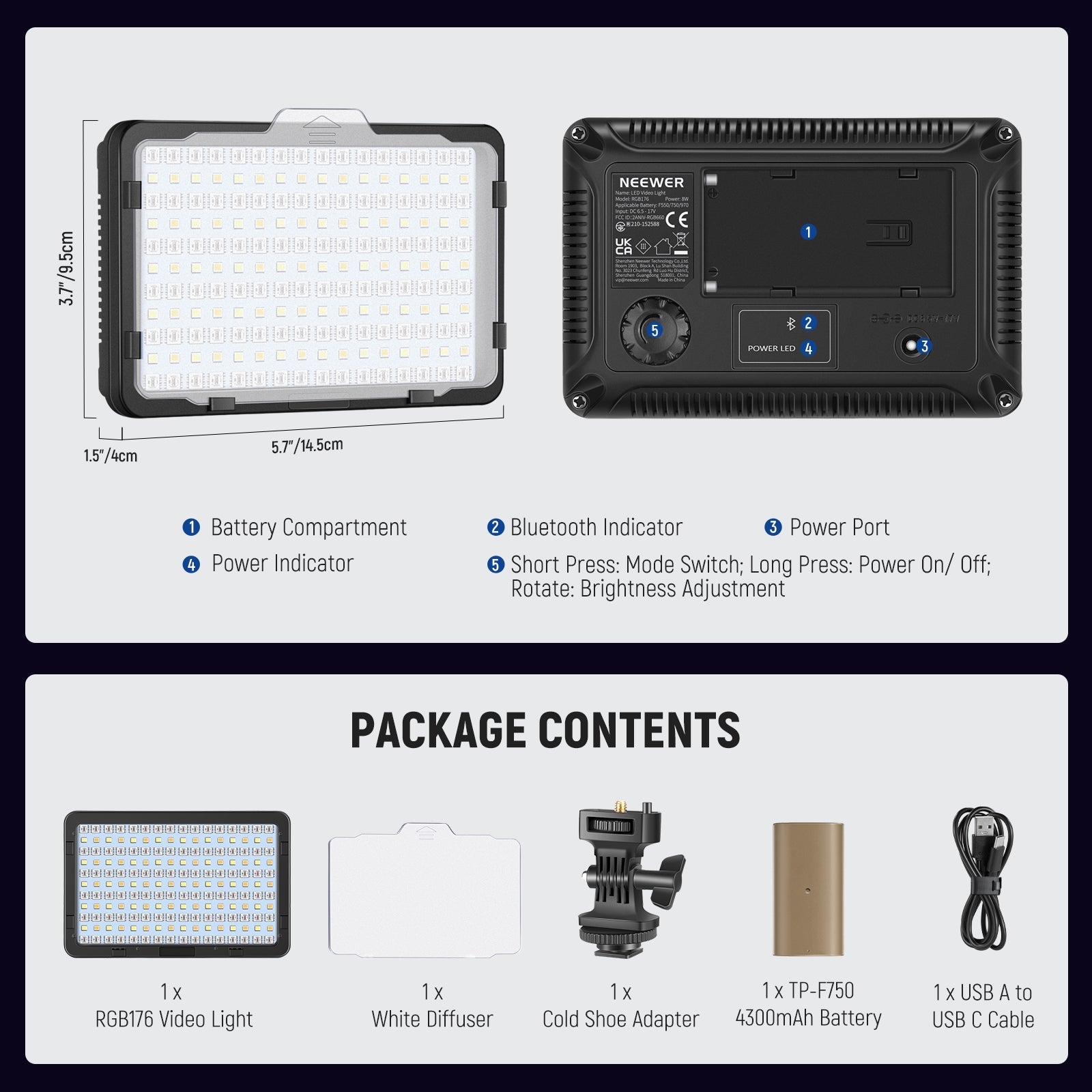 NEEWER RGB176 LED Camera Video Light with Battery
