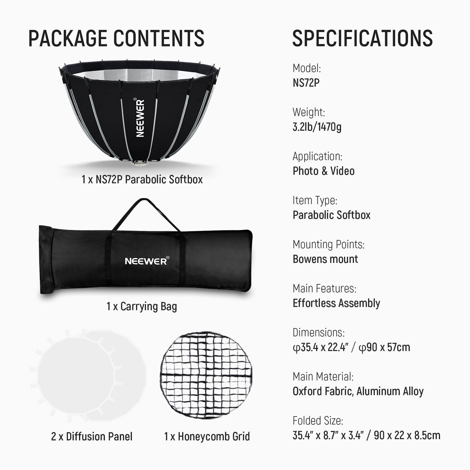 NEEWER 60CM/90CM/120CM Quick Release Parabolic Softbox