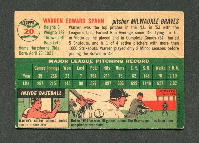 1954 Topps #20 Warren Spahn Milwaukee Braves Baseball Card (VG)