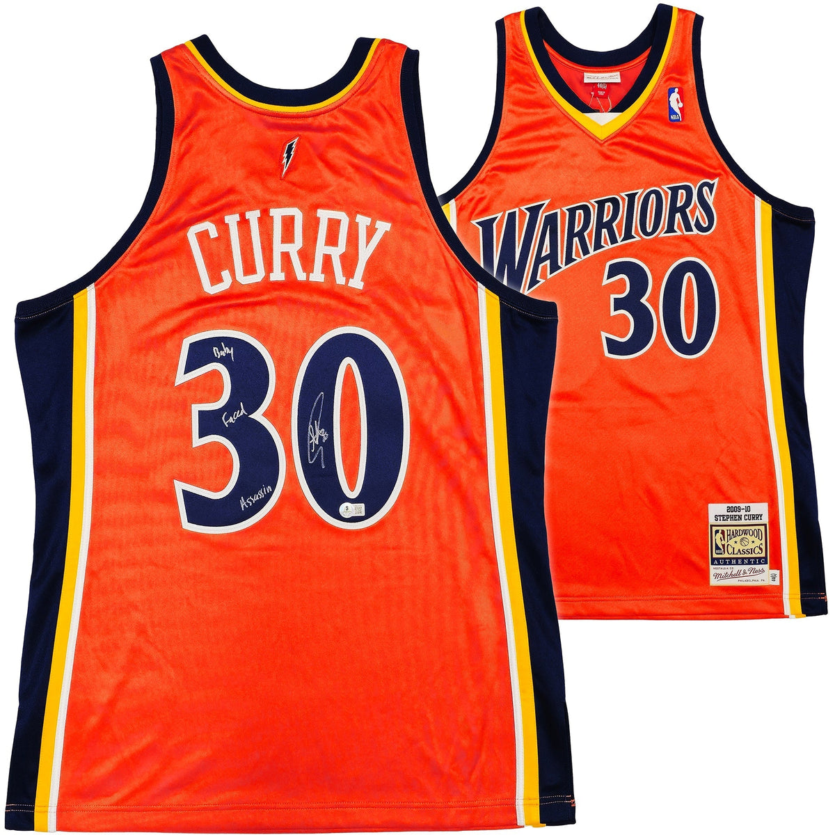 Golden State Warriors Stephen Curry Autographed Orange Authentic Mitchell & Ness 2009-10 HWC Authentic Rookie Jersey Size 44 "Baby Faced Assassin" Beckett BAS QR