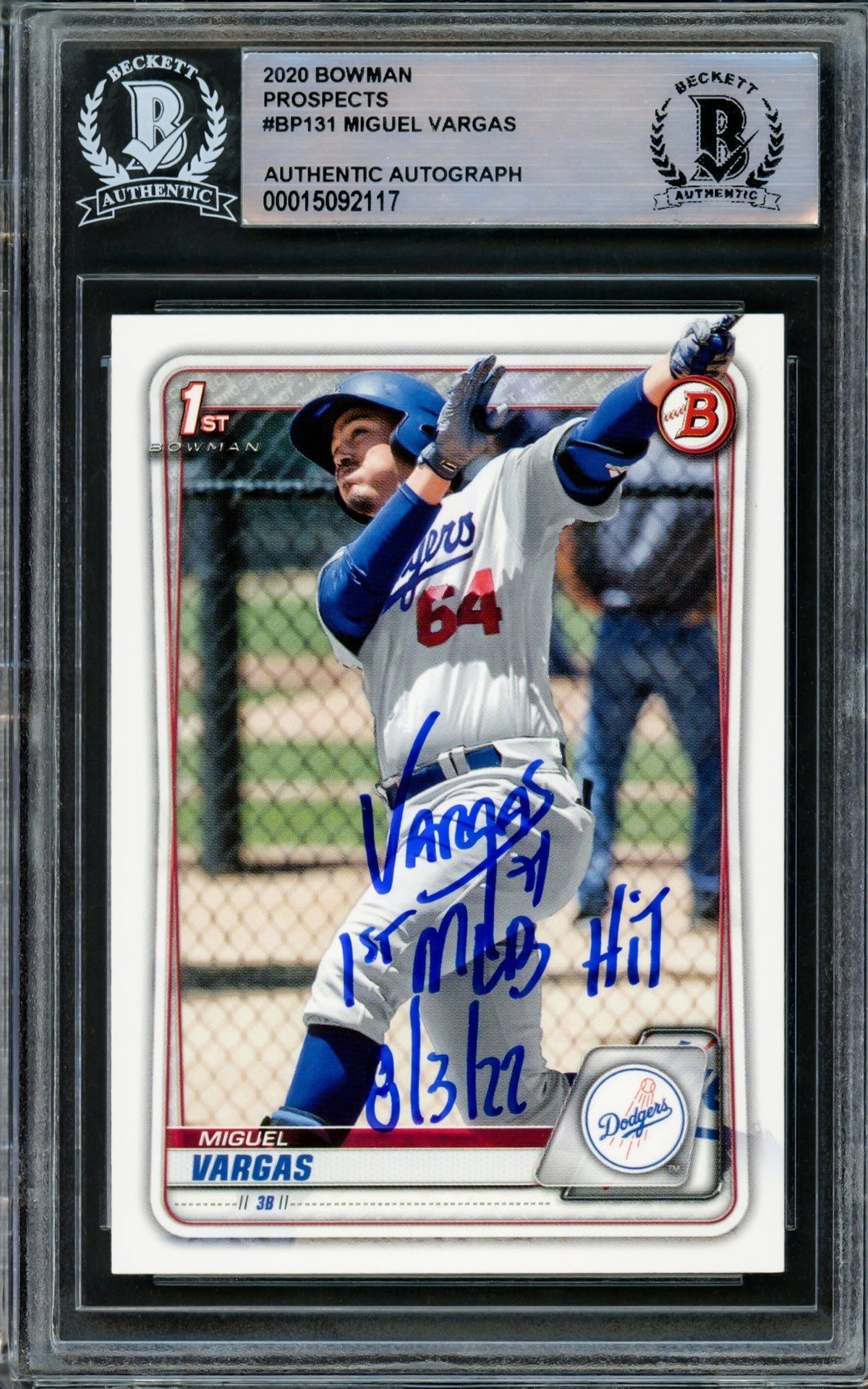 Miguel Vargas Autographed 2020 Bowman Prospects Rookie Card #BP-131 Los Angeles Dodgers "1st MLB Hit 8/3/22" Beckett BAS Stock #210842