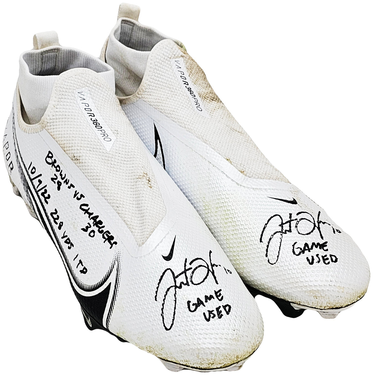Justin Herbert Autographed Pair Of Game Used White & Black Nike Vapor 360 Pro Cleats Los Angeles Chargers "Game Used, Browns 28 vs Chargers 30, 10/9/22, 228 Yds, & 1 TD" Beckett BAS Witness #W453556 & #W453557