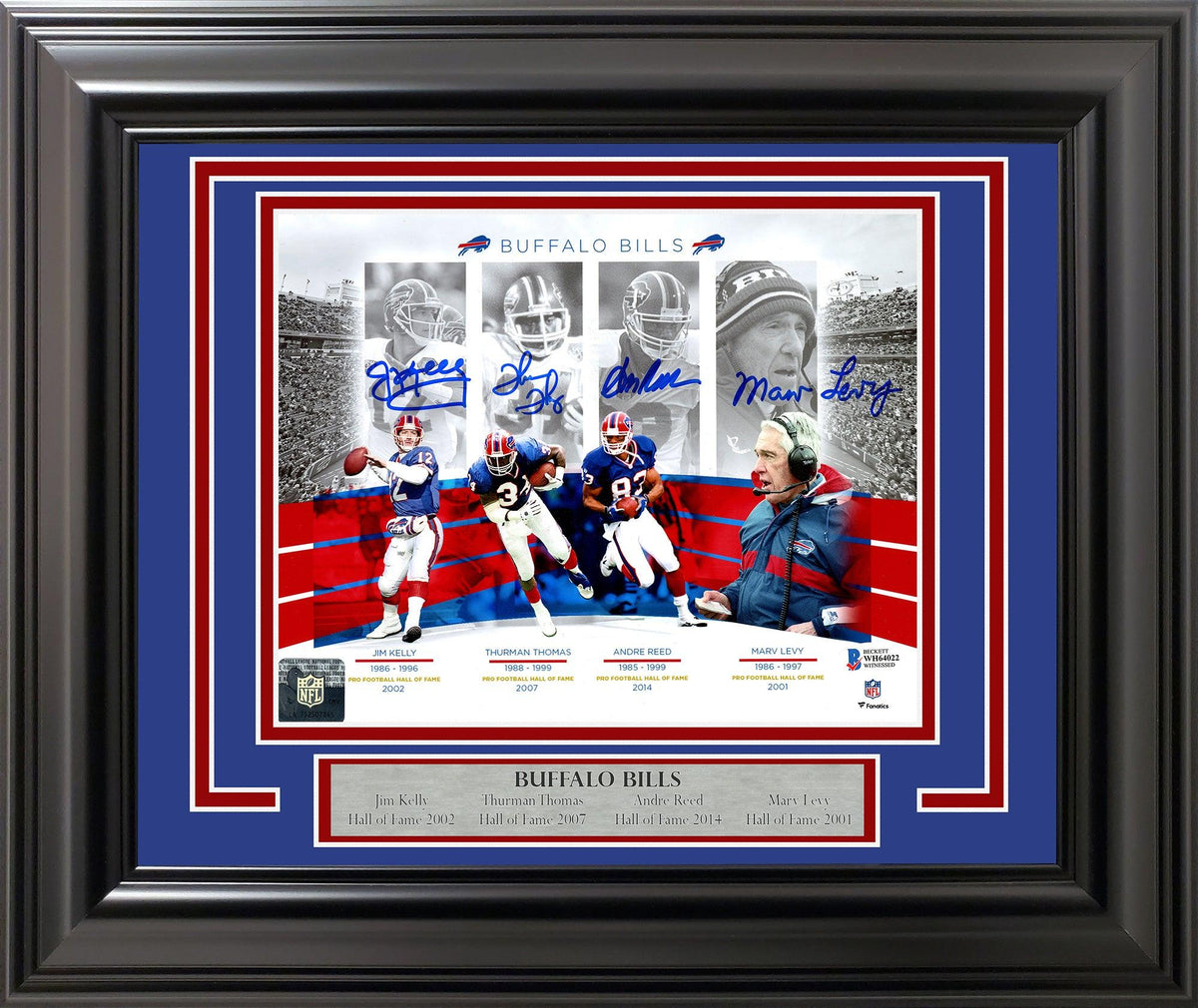 Buffalo Bills Hall Of Famers Autographed Framed 8x10 Photo With 4 Signatures Including Jim Kelly & 3 Others Beckett BAS Stock #209407