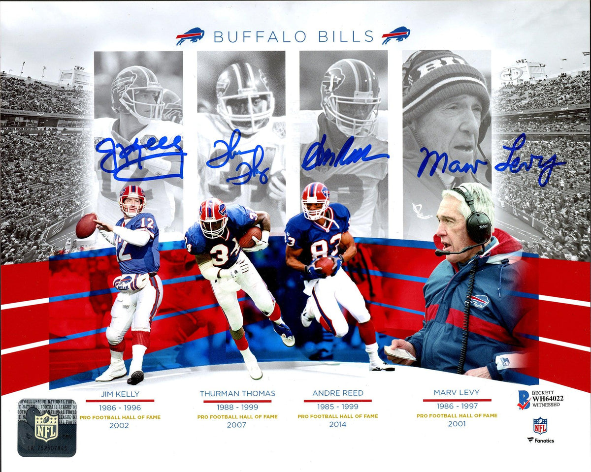 Buffalo Bills Hall Of Famers Autographed Framed 8x10 Photo With 4 Signatures Including Jim Kelly & 3 Others Beckett BAS Stock #209407