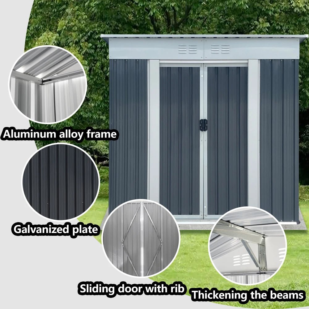 6x4FT Outdoor Metal Storage Shed | Galvanized Steel Garden Shed with Sliding Door