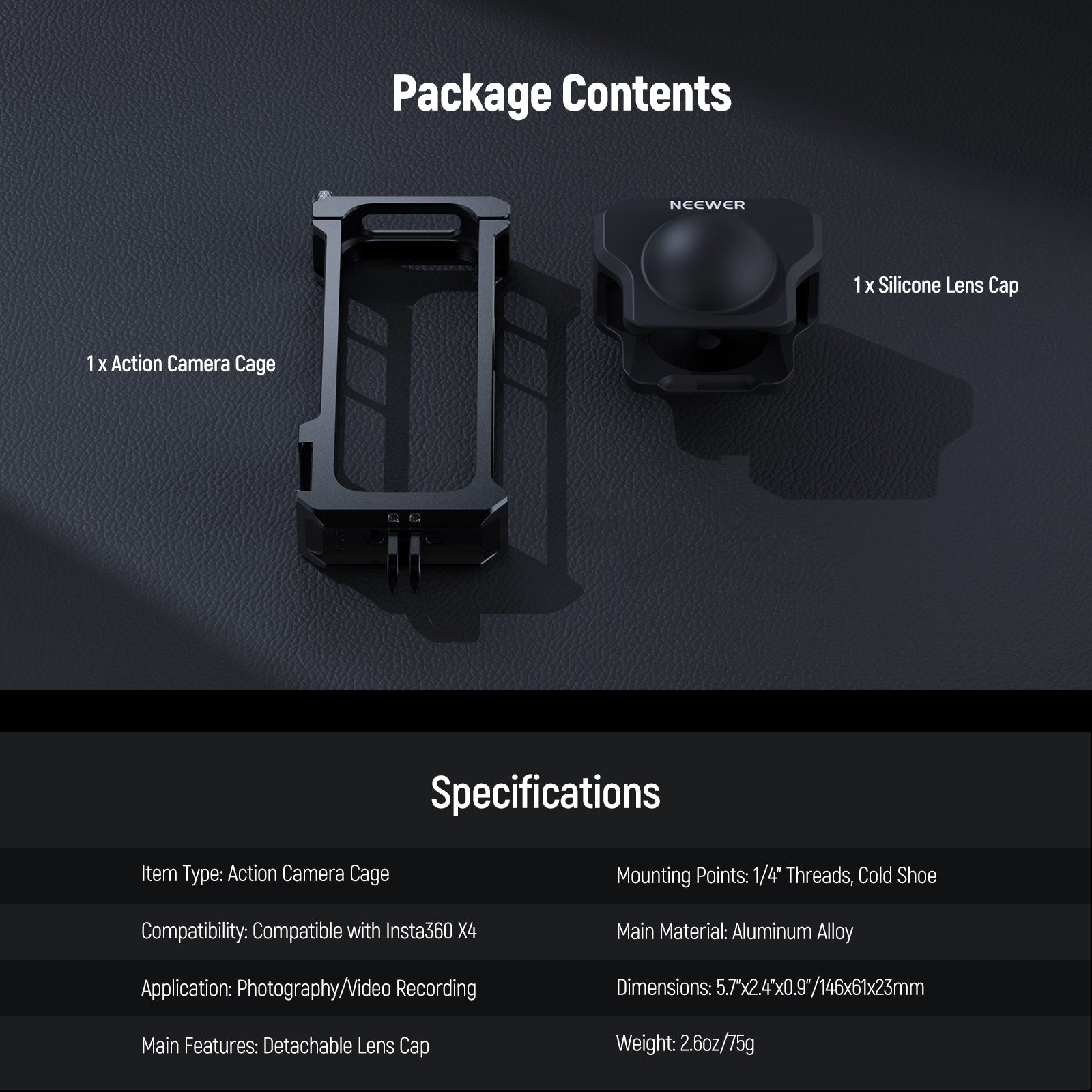 NEEWER AC010 Action Camera Cage with Lens Cap For Insta360 X4